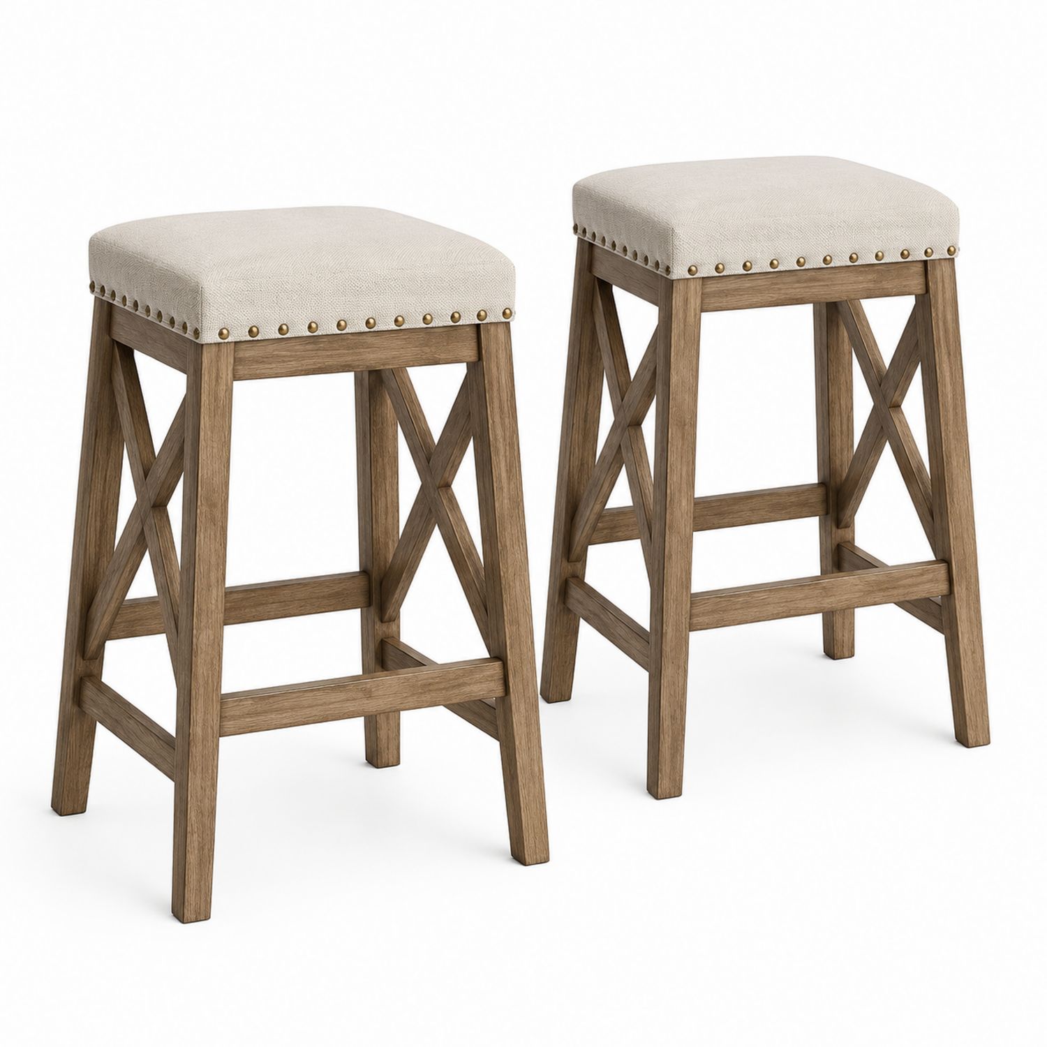 Conjunto de 2 taburetes de madera con asientos de tela beige