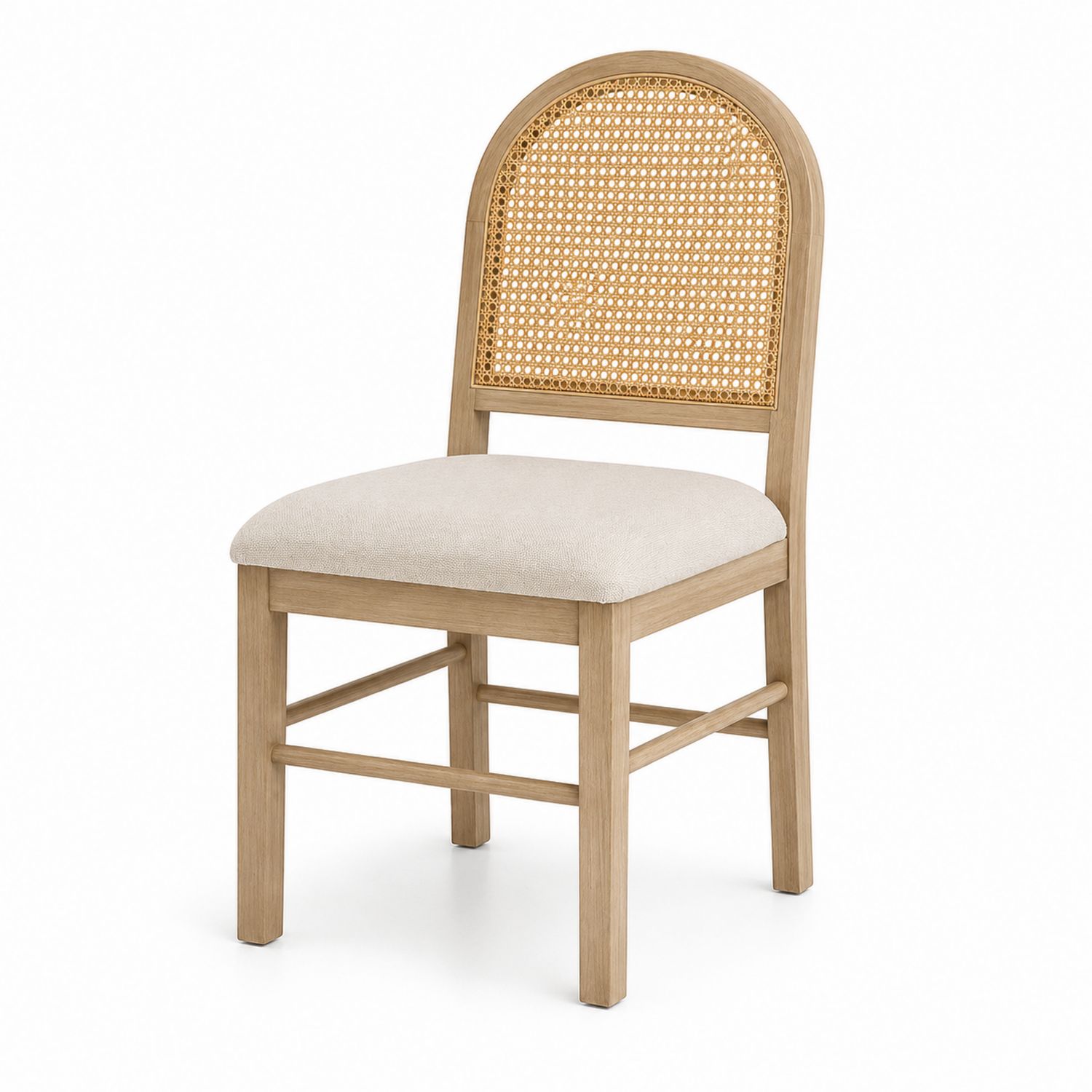 Silla de Madera con Respaldo de Ratán y Cojín de Lino Beige