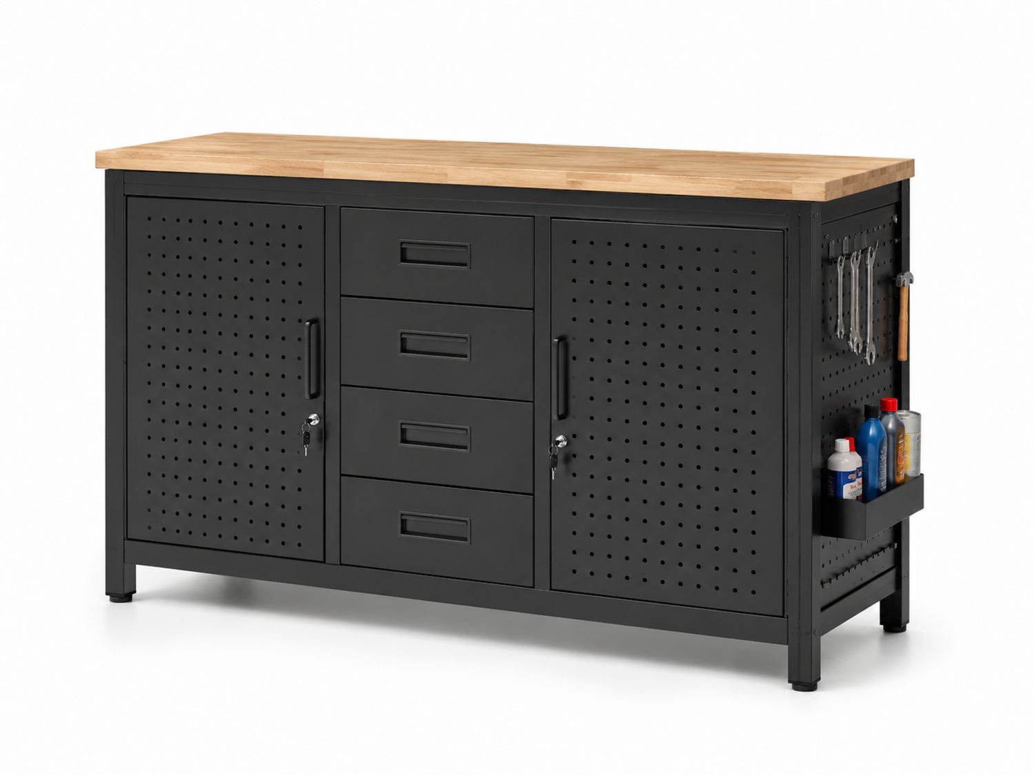 Mesa de trabajo de acero con superficie de madera y cajones