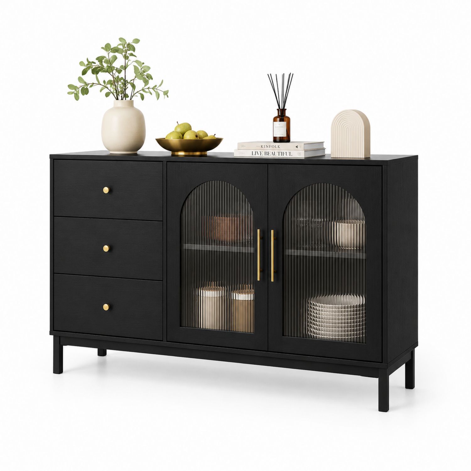 Aparador de madera con puertas de cristal y cajones negro