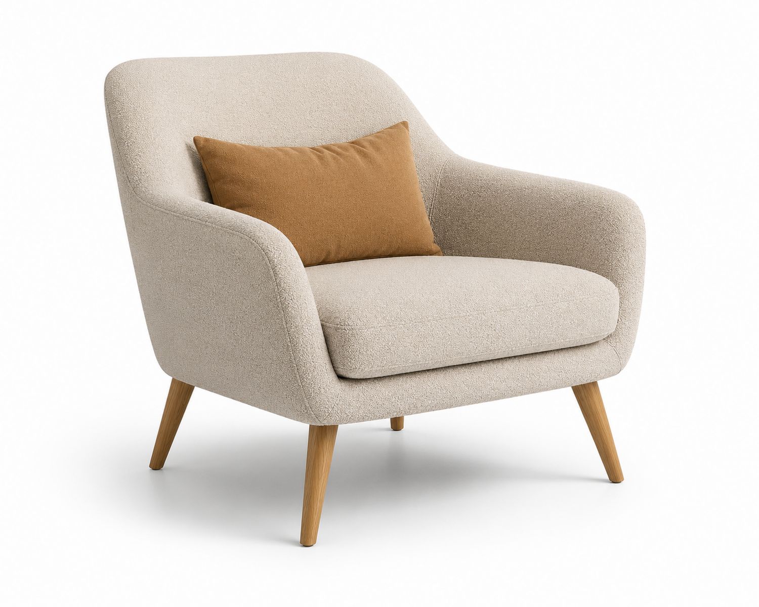 Sillón de poliéster beige con cojín marrón y patas de madera