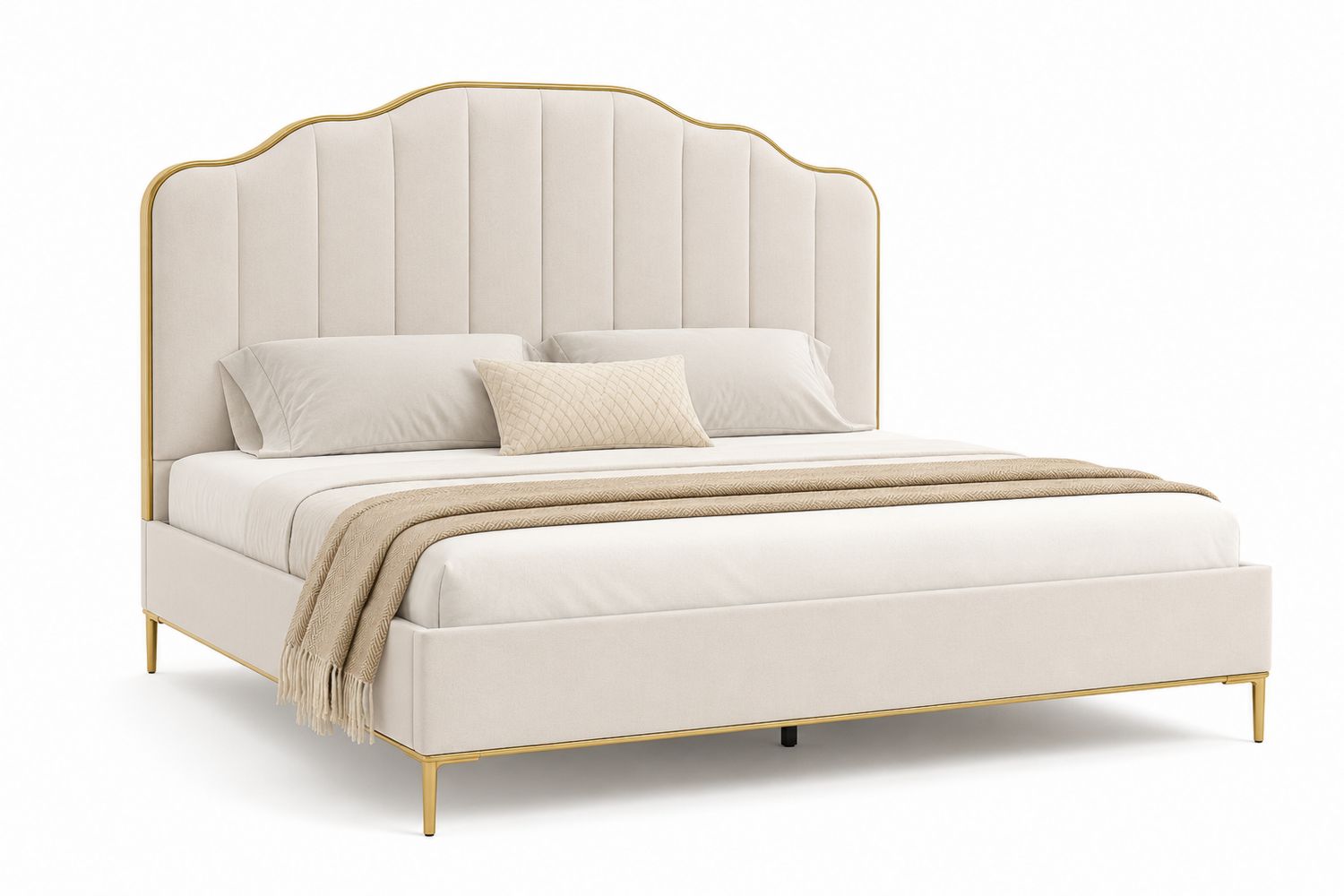 Cama doble de tela beige con estructura metálica dorada