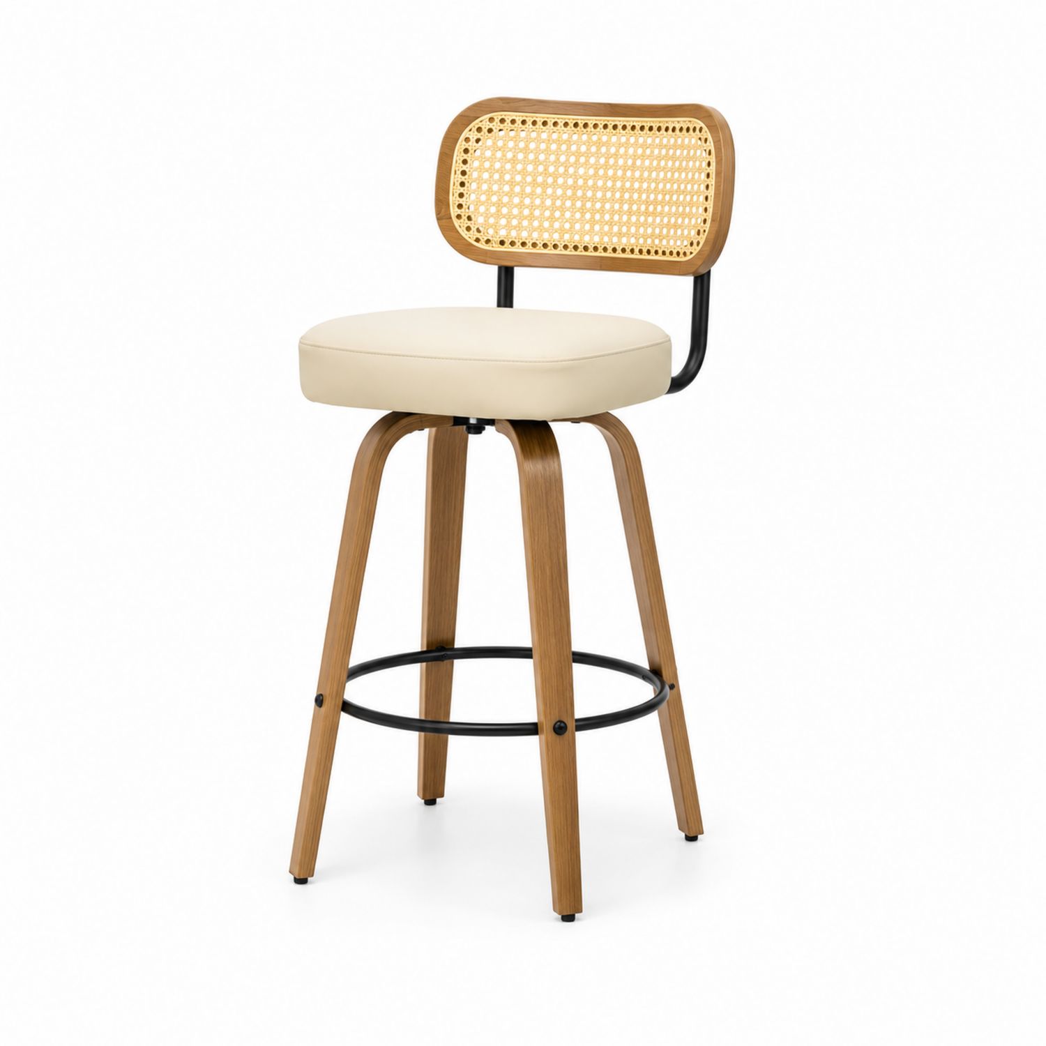 Taburete de bar giratorio de madera y ratán con asiento beige