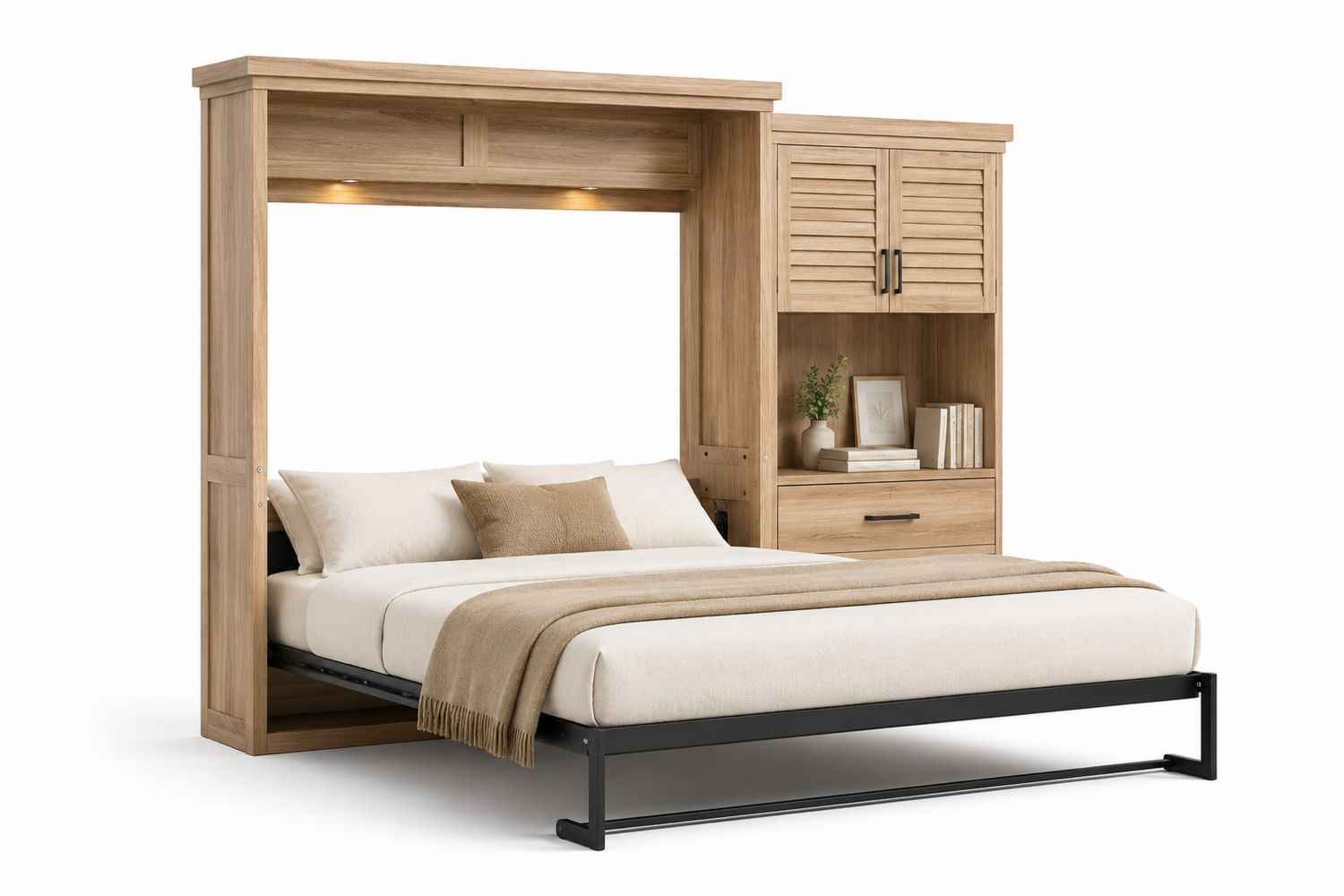 Cama abatible de madera de roble y acero con almacenaje lateral 200x160 cm Beige