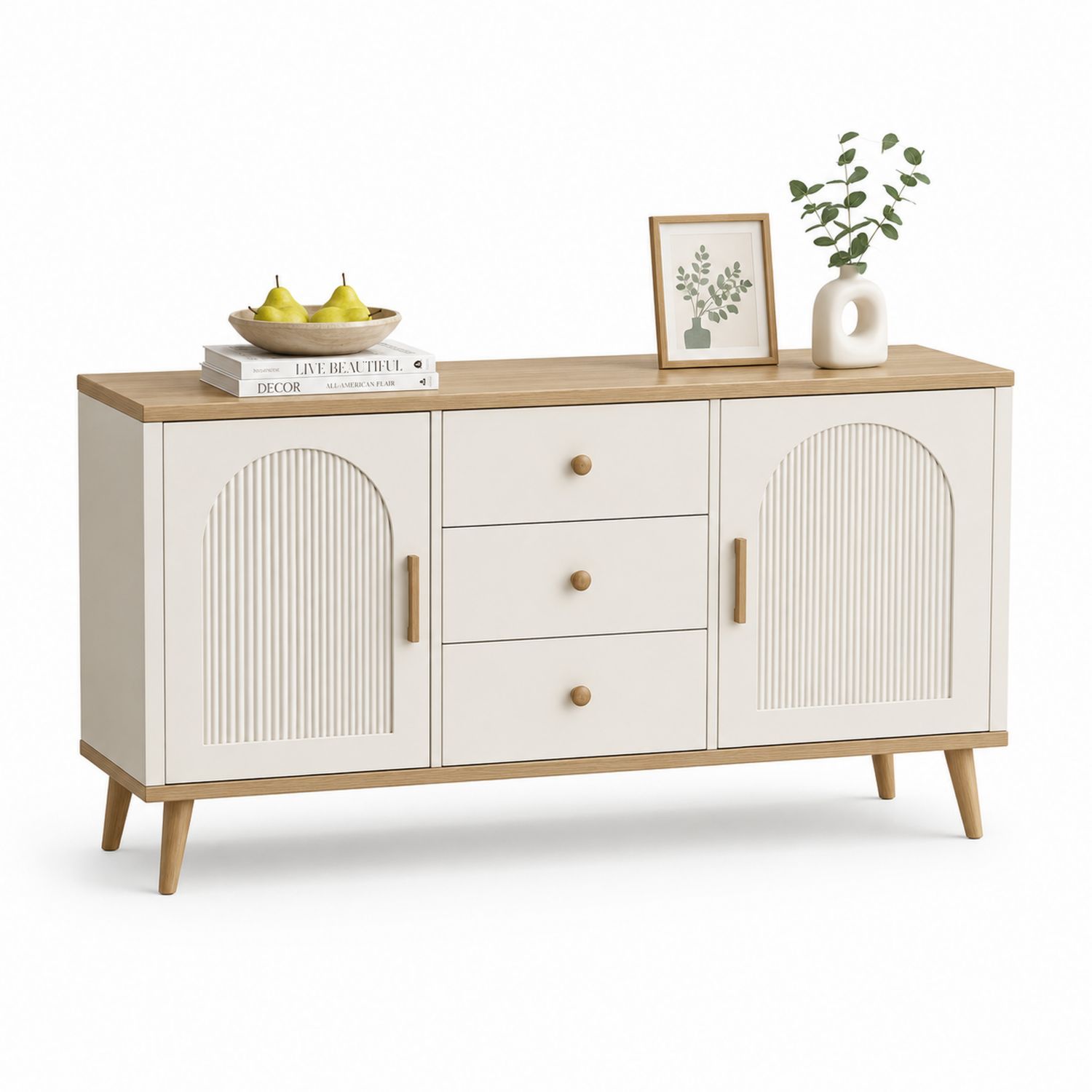 Aparador de Madera MDF con 3 Cajones y 2 Puertas Blanco y Roble