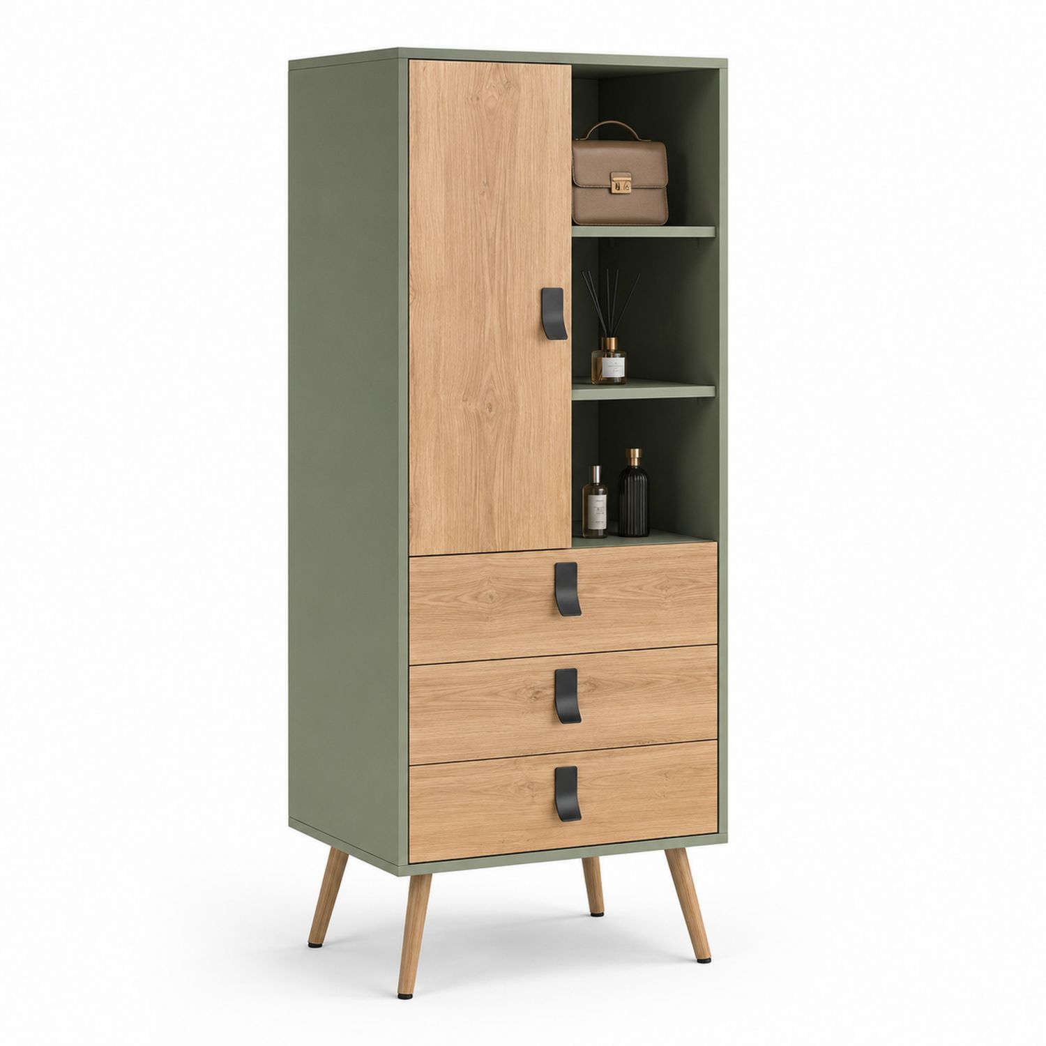 Cajonera Alta Madera Verde y Roble con Puerta y 3 Cajones
