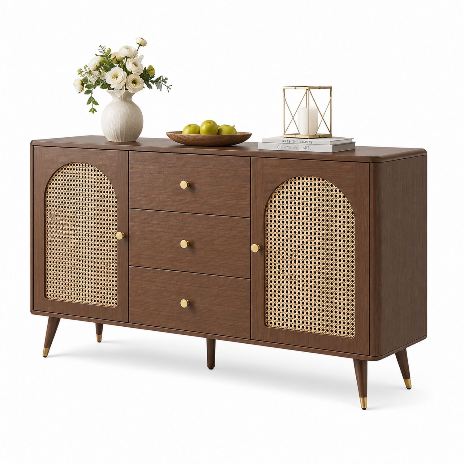 Aparador de Madera con Puertas de Ratán Trenzado y 3 Cajones