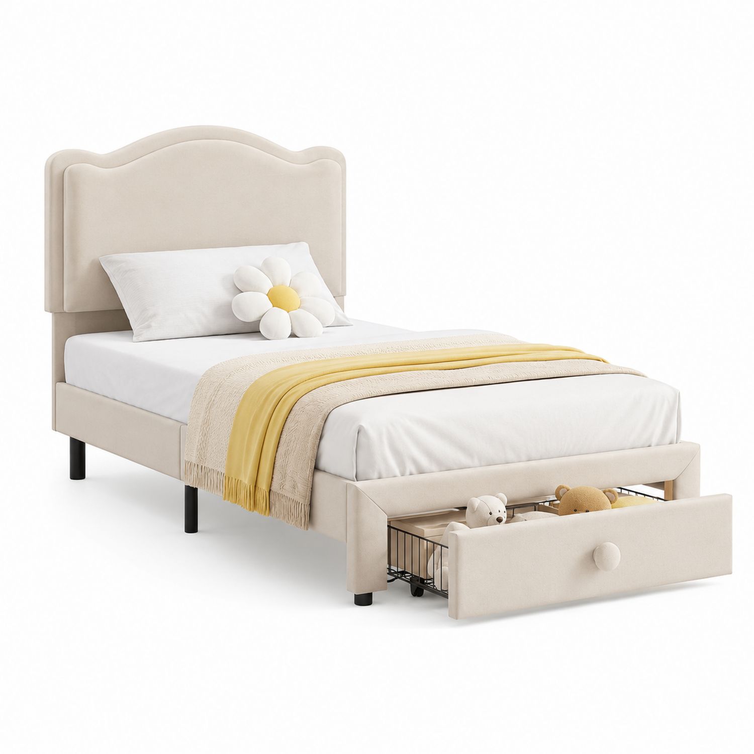 Cama individual beige con cabecero tapizado y cajón de almacenamiento 200x90 cm