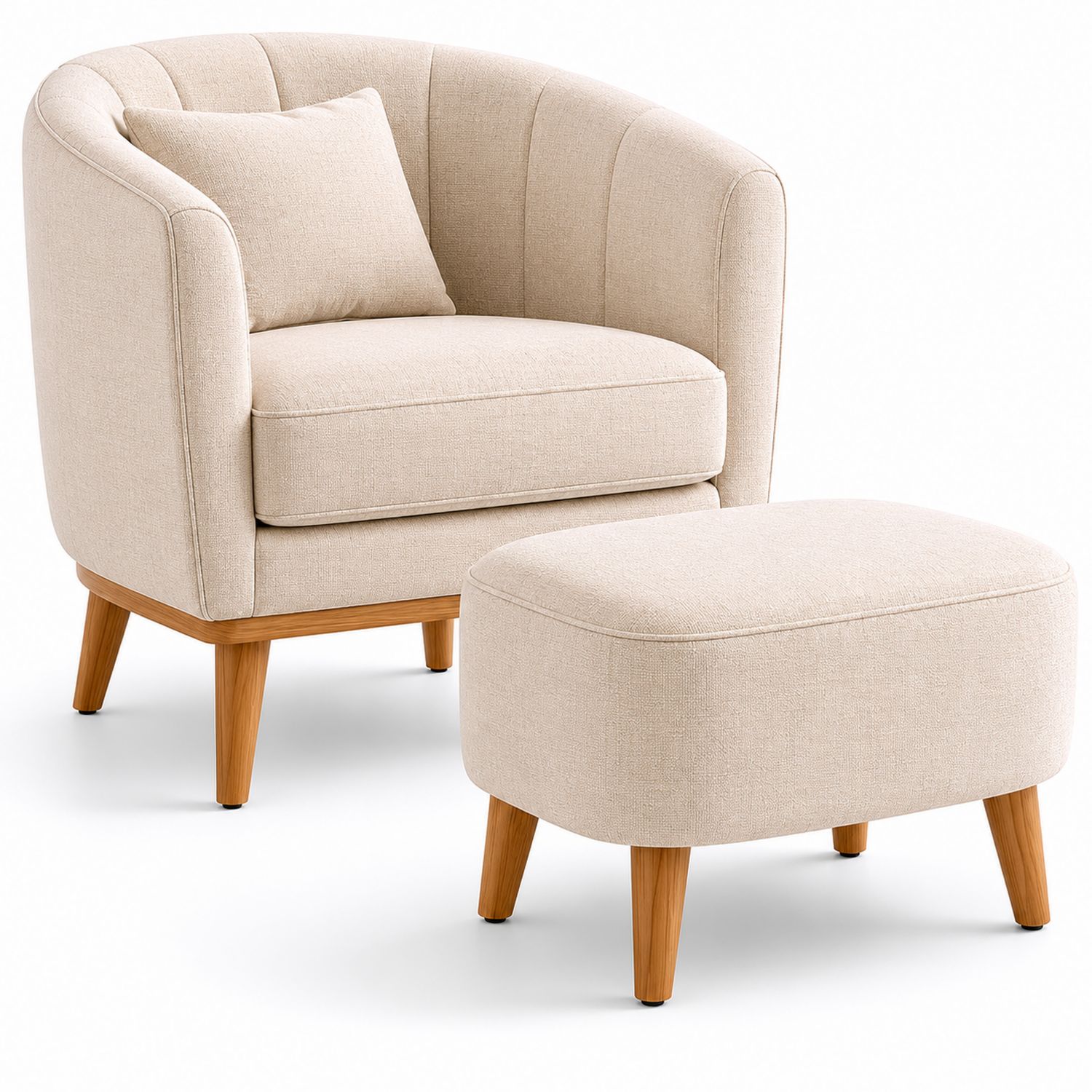 Sillón y Reposapiés en Tela Beige con Pata de Madera de Haya