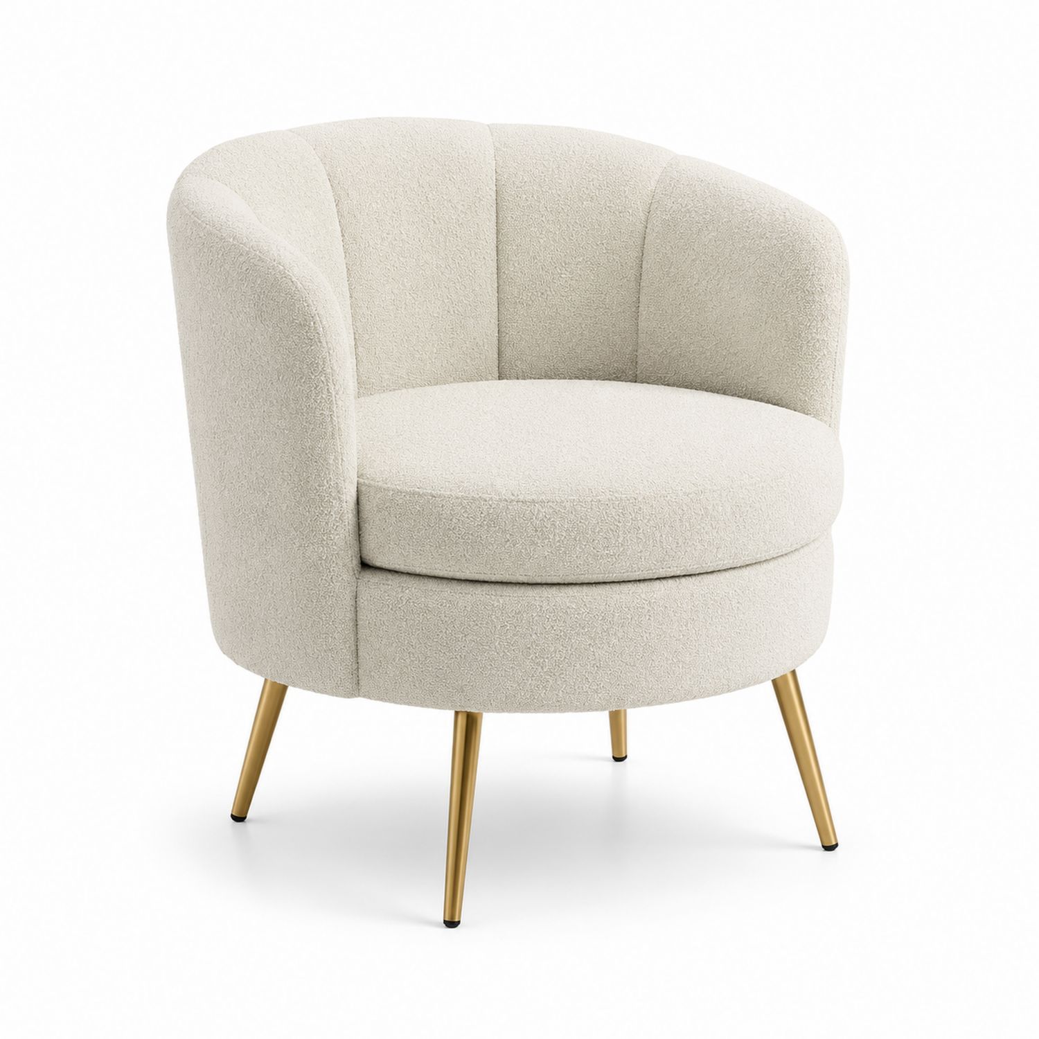 Sillón tapizado en tela beige con patas de metal dorado