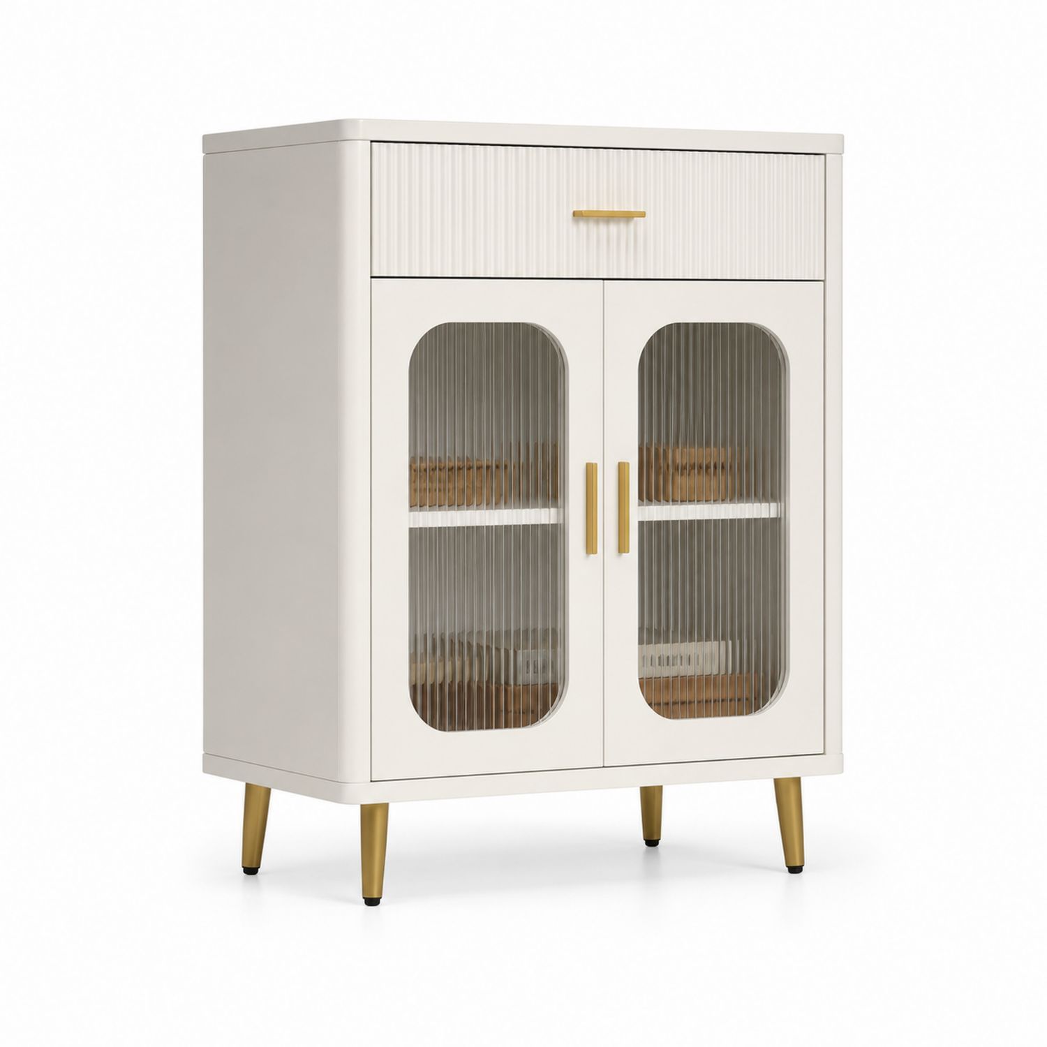 Armario de MDF con Puertas de Vidrio y Cajón, 80x40x120 cm, Blanco y Dorado