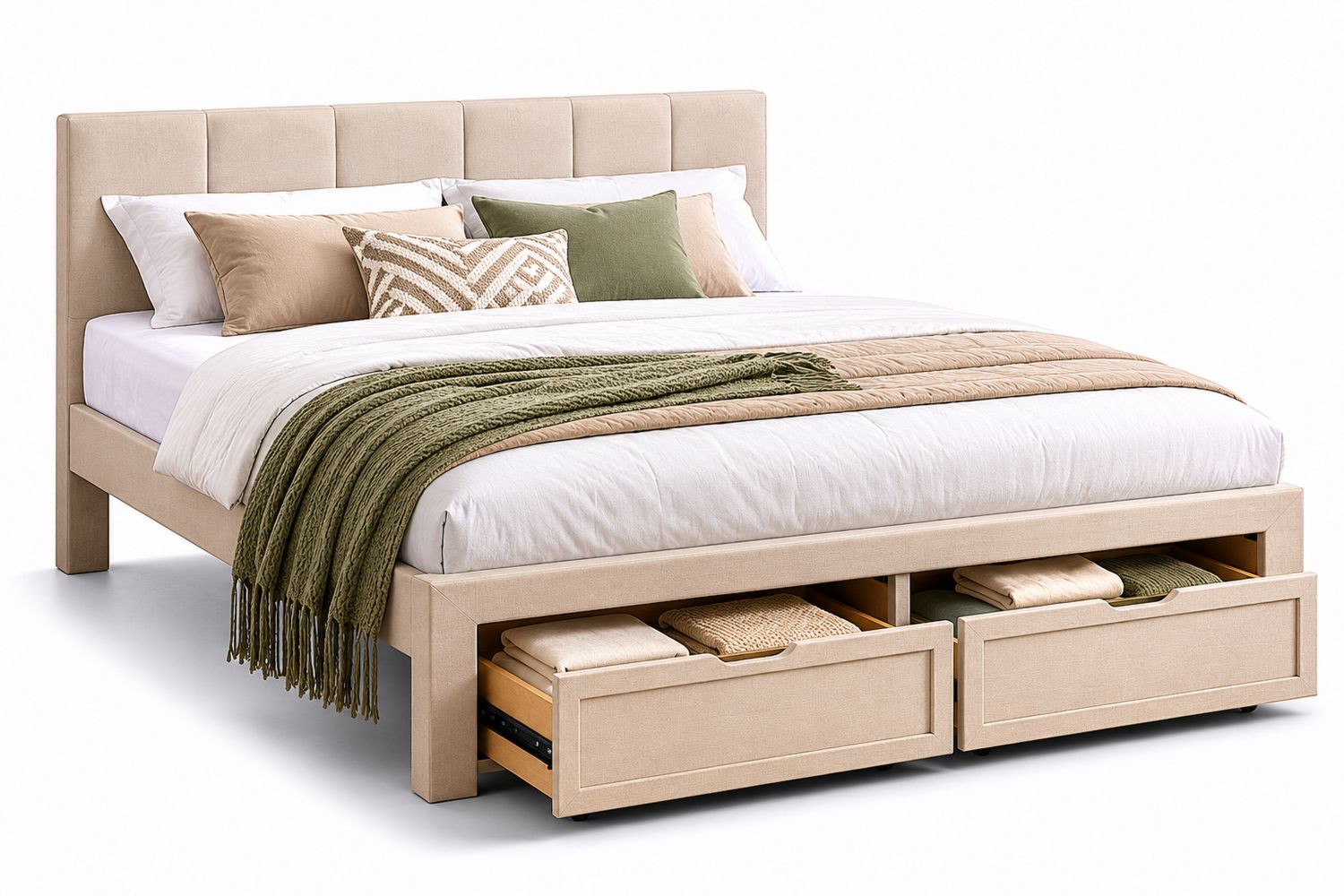 Cama con cajones de almacenamiento tapizada en poliéster beige 200x160 cm