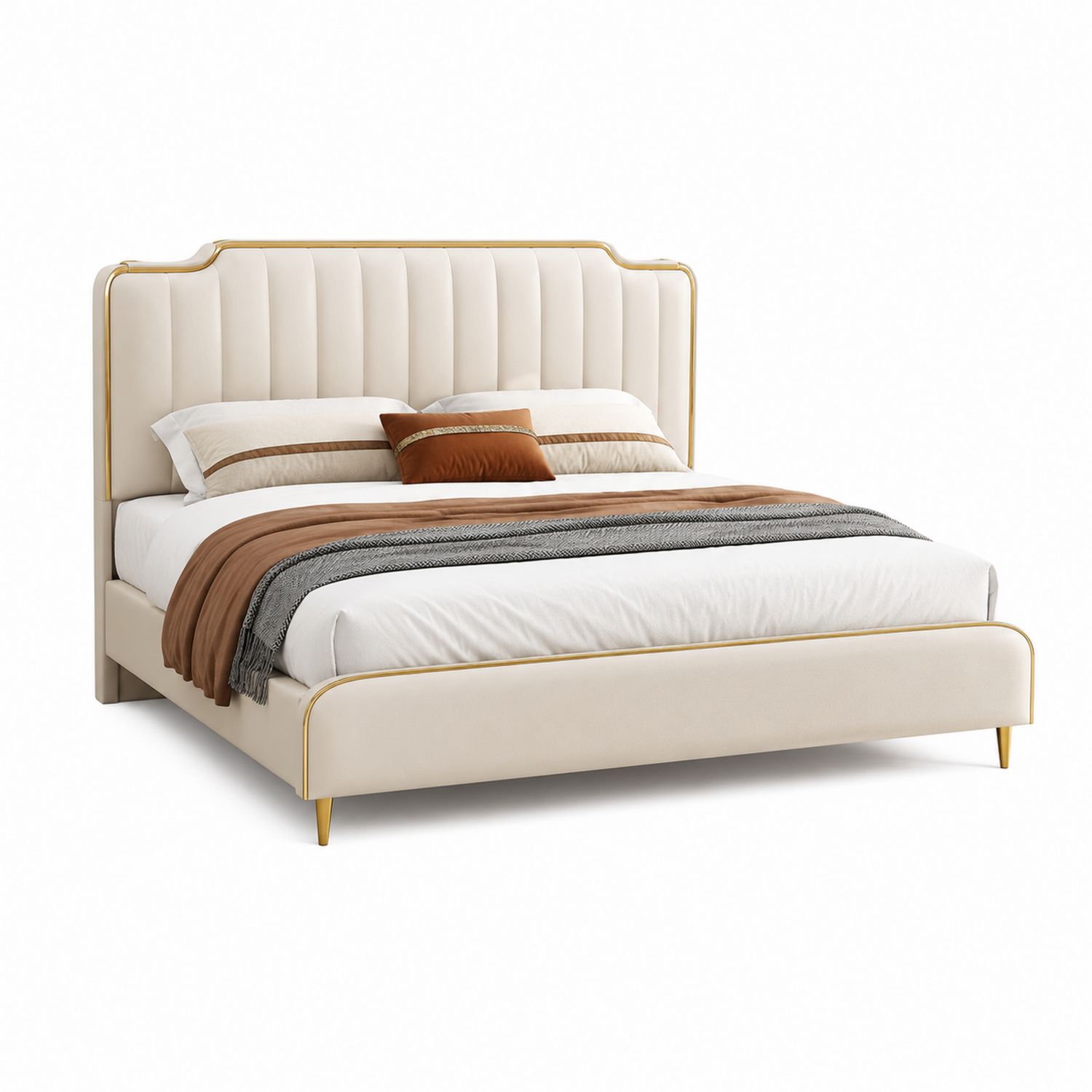 Cama doble tapizada de piel con detalles dorados 200x160 cm