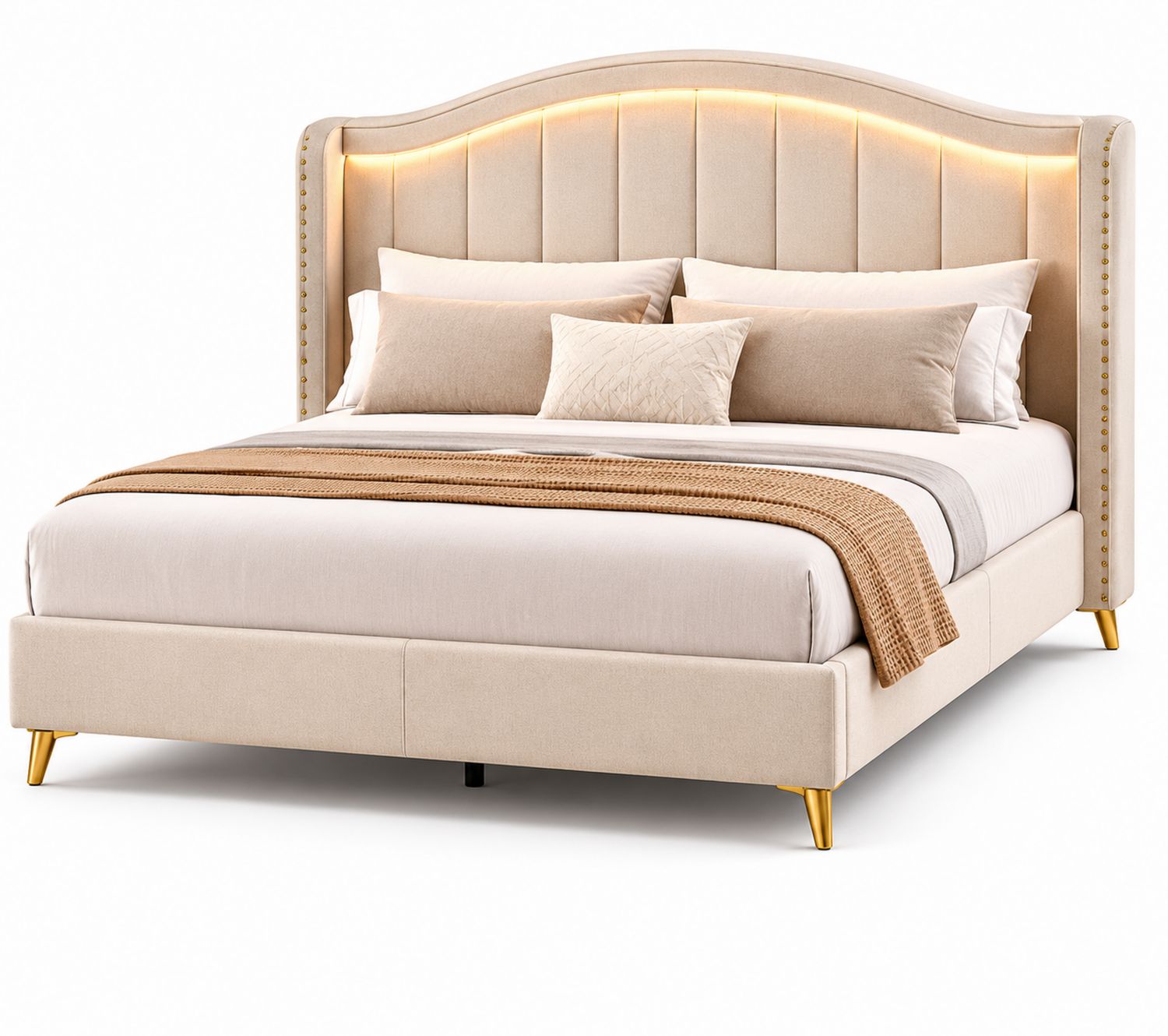 Cama tapizada con cabecera curva y luces LED beige