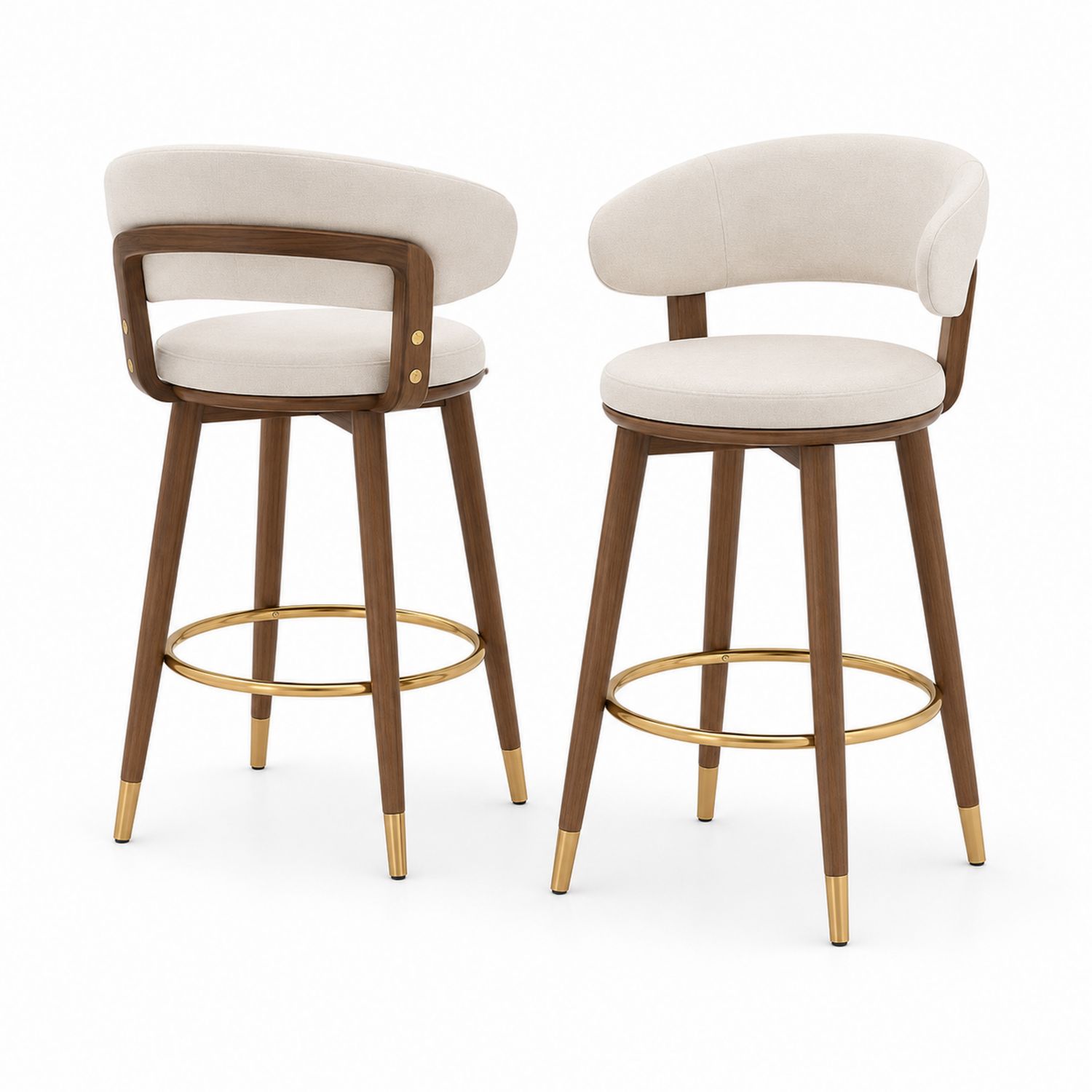 Taburetes de madera con tela beige y detalles dorados, juego de dos