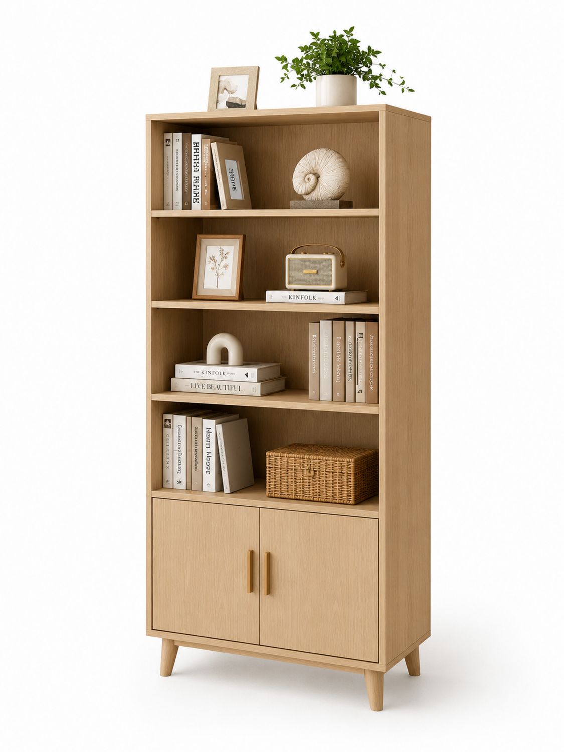 Estantería de Madera de Roble con 4 Estantes y 2 Puertas