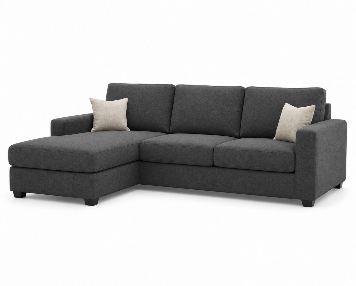Sofá chaise longue de tela gris oscuro 250cm con cojines