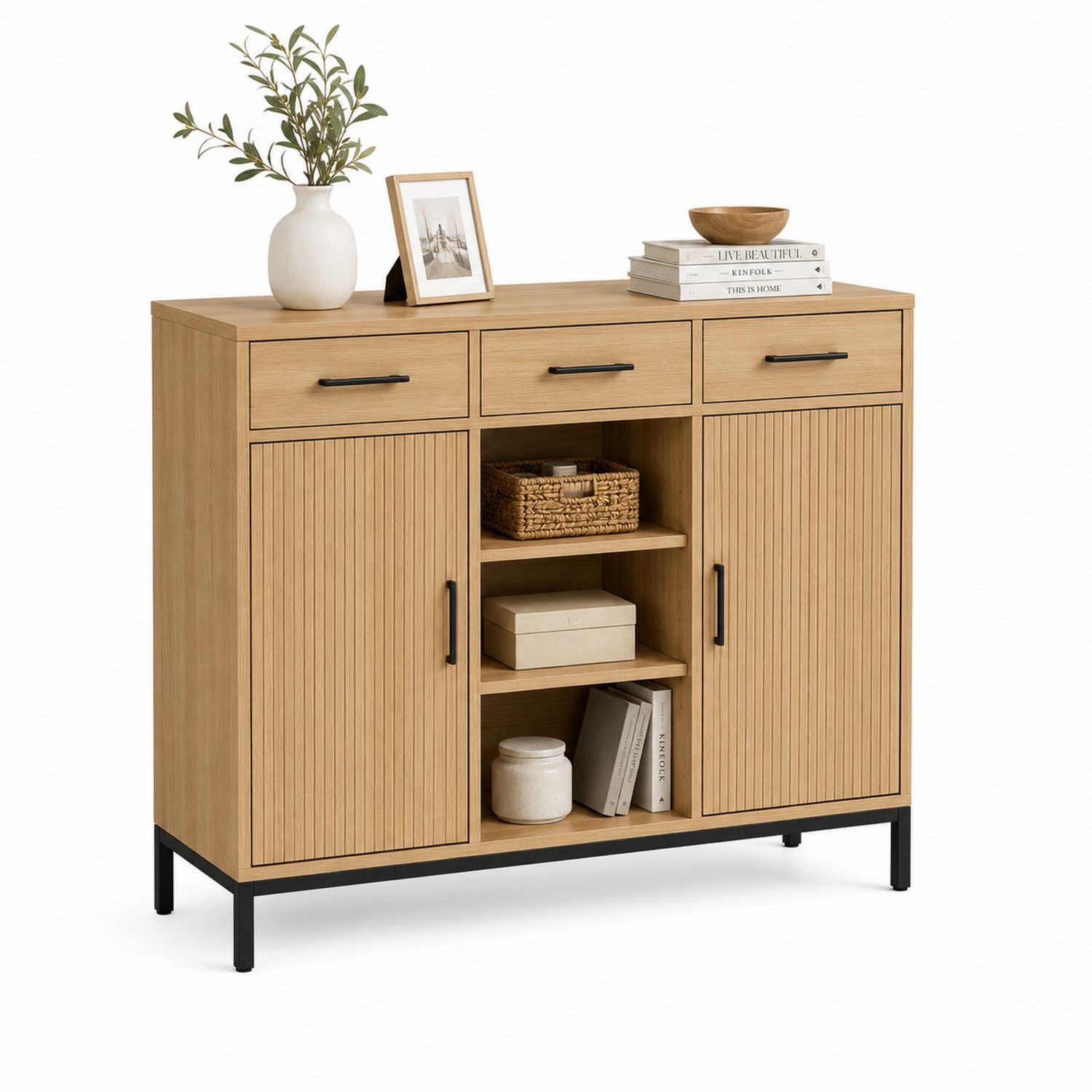 Aparador de madera con base de metal y estantes ajustables