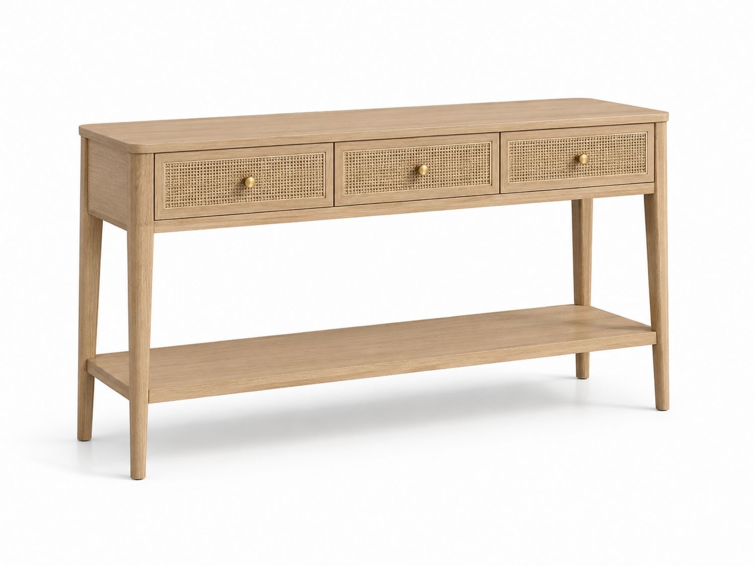 Mesa consola de roble con cajones de mimbre 120x30x80cm