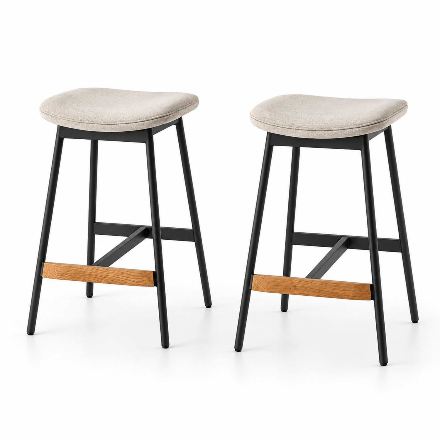 Juego de 2 taburetes de metal y madera con asiento tapizado beige