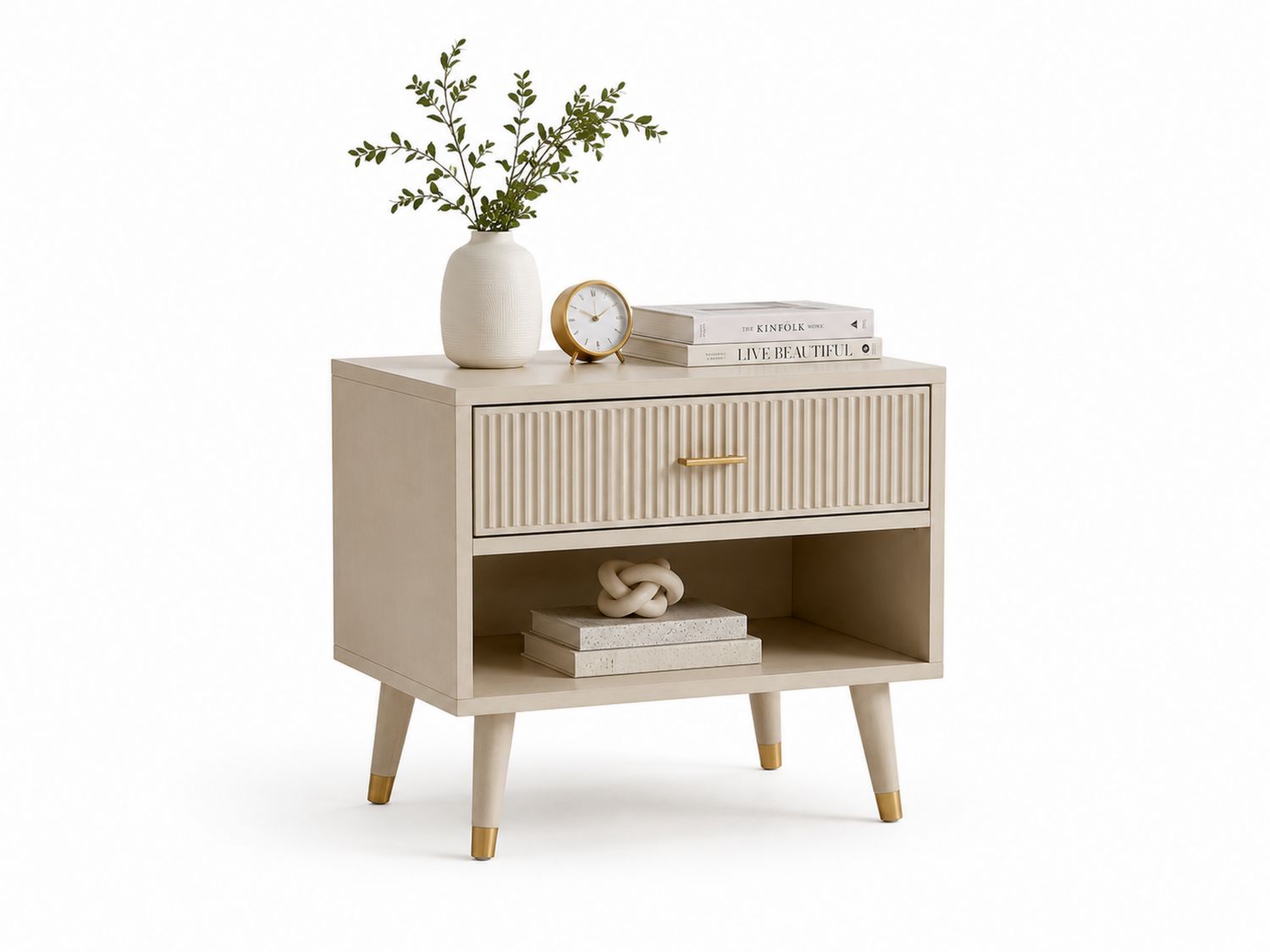 Mesita de noche de MDF con cajón y detalles metálicos Beige
