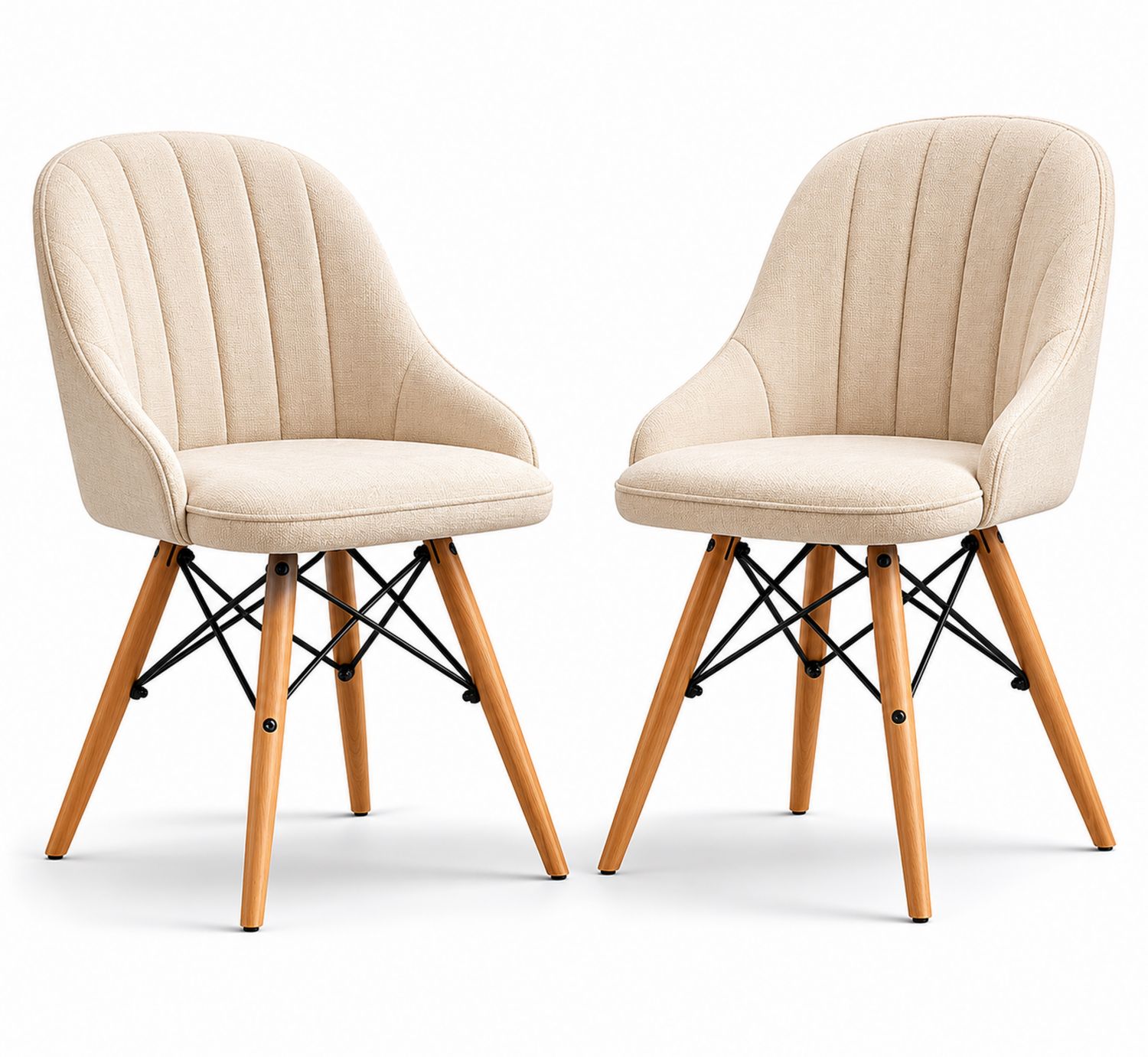 Juego de 2 sillas de comedor de tela beige con patas de madera y estructura metálica