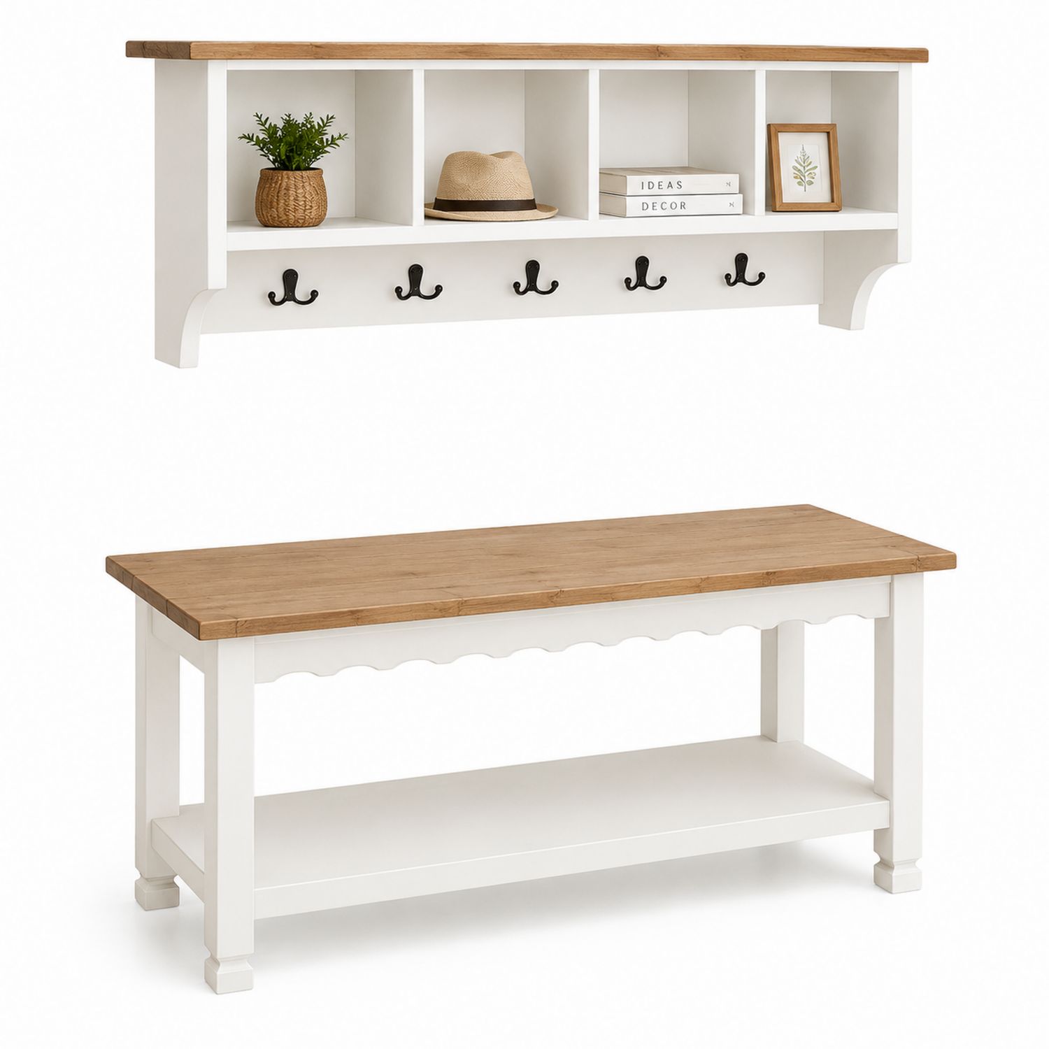 Conjunto de estante con ganchos y banco de madera de pino Blanco/Roble