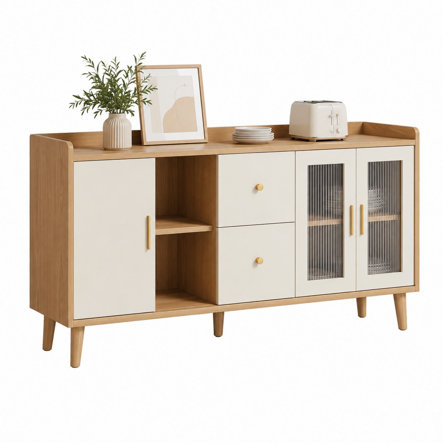 Aparador de madera con puertas de vidrio estriado y cajones, 120cm