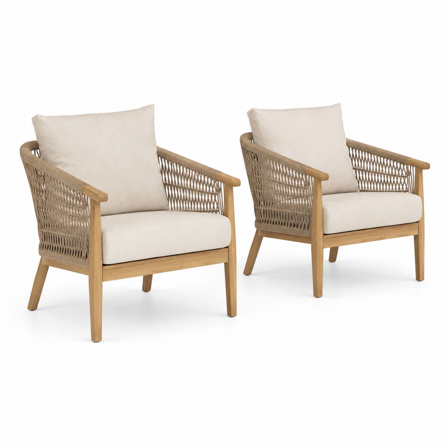 Set de 2 sillones de madera de teca con cuerda y cojines crema