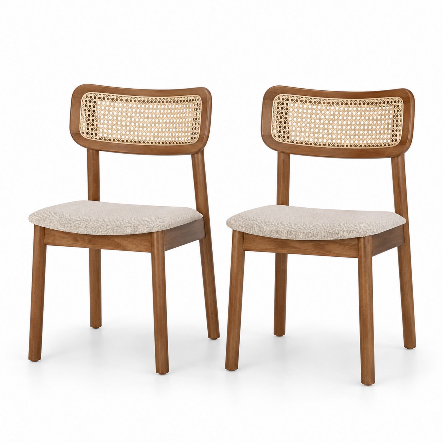 Juego de 2 sillas de comedor de madera y ratán con asiento tapizado