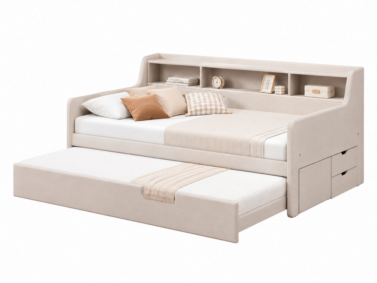 Cama nido de tela beige con estantería y cajones 200x90 cm