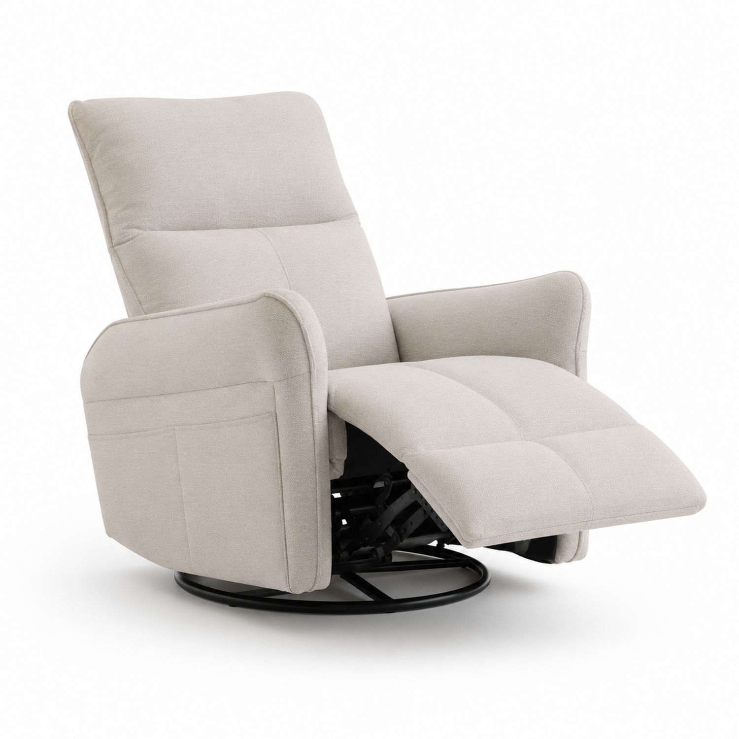 Sillón reclinable giratorio de tela beige con base de acero
