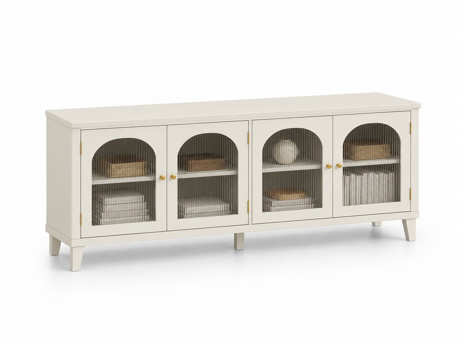 Aparador de Madera MDF con Puertas de Vidrio Templado Ranurado Beige, 180x40x75 cm