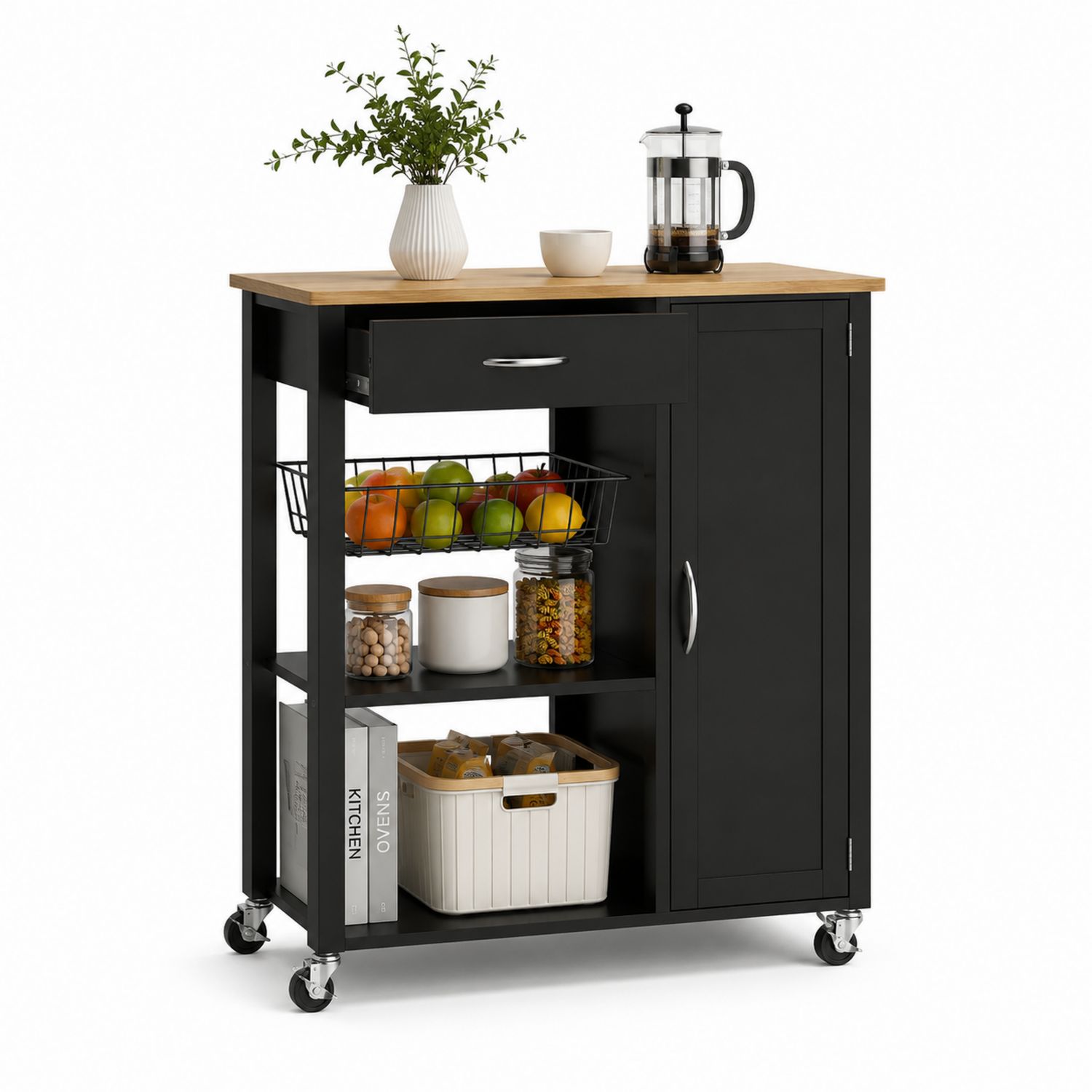 Carrito de cocina de madera y acero negro con ruedas