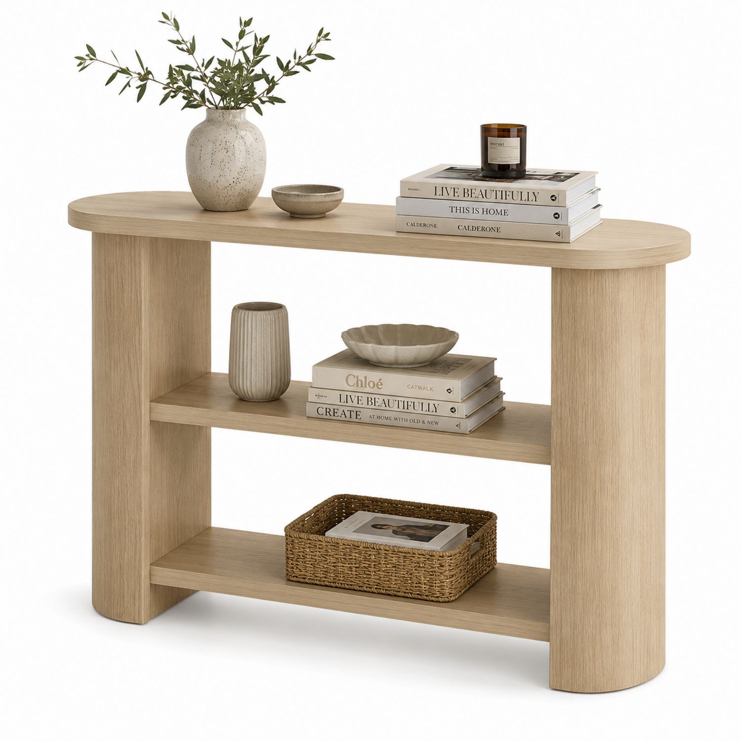 Mesa consola de MDF con estantes en chapa de roble