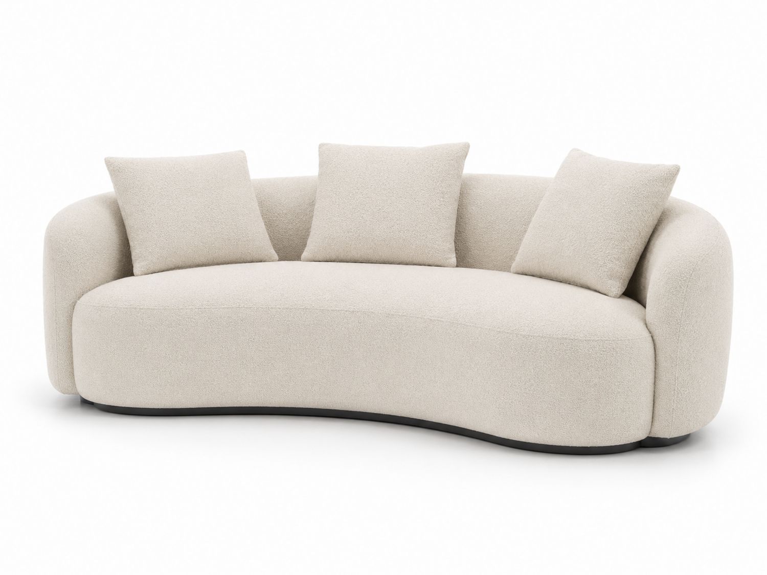 Sofá curvo de tela bouclé beige con cojines