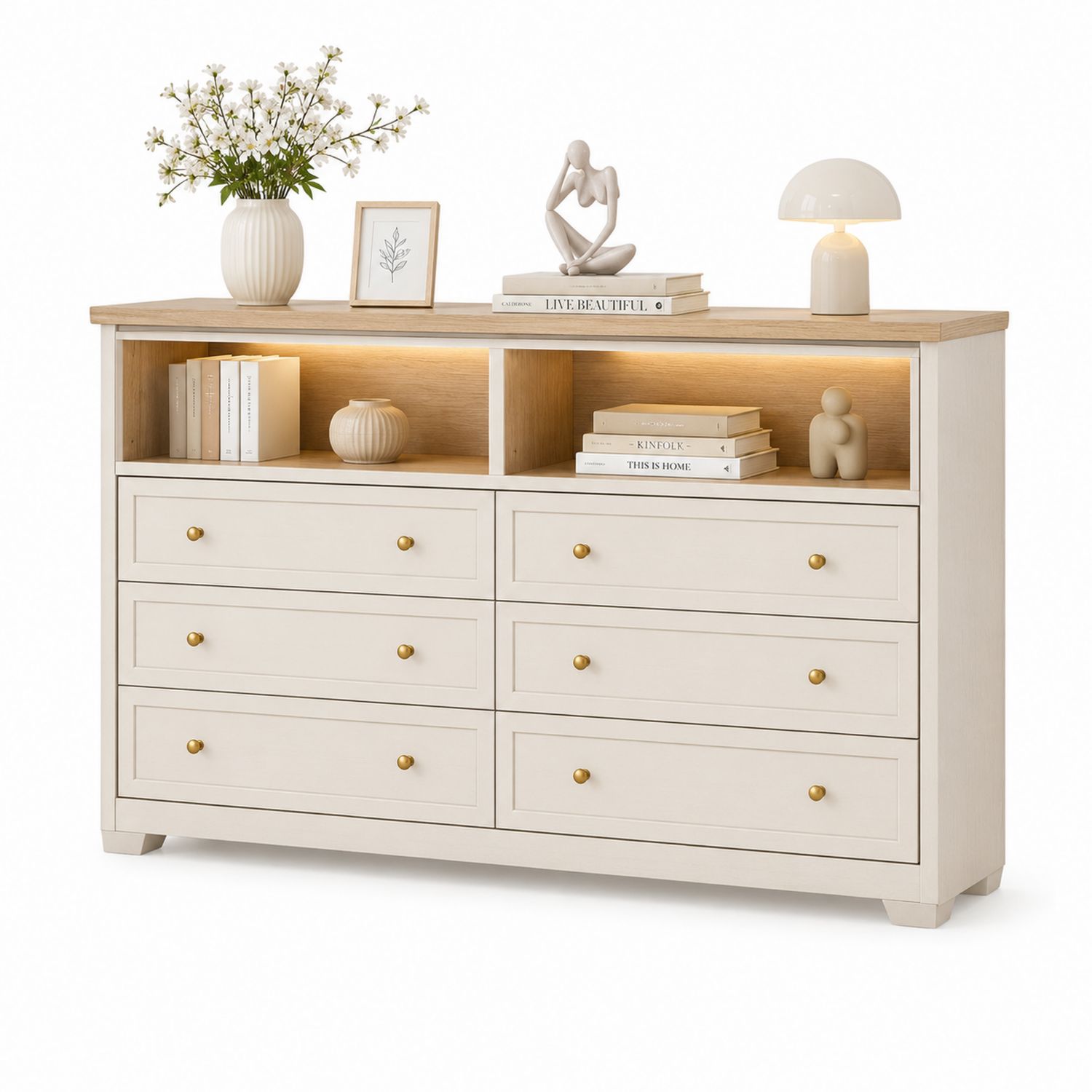 Cómoda de Dormitorio de Madera de Pino con 6 Cajones y 2 Estantes, Blanco y Natural