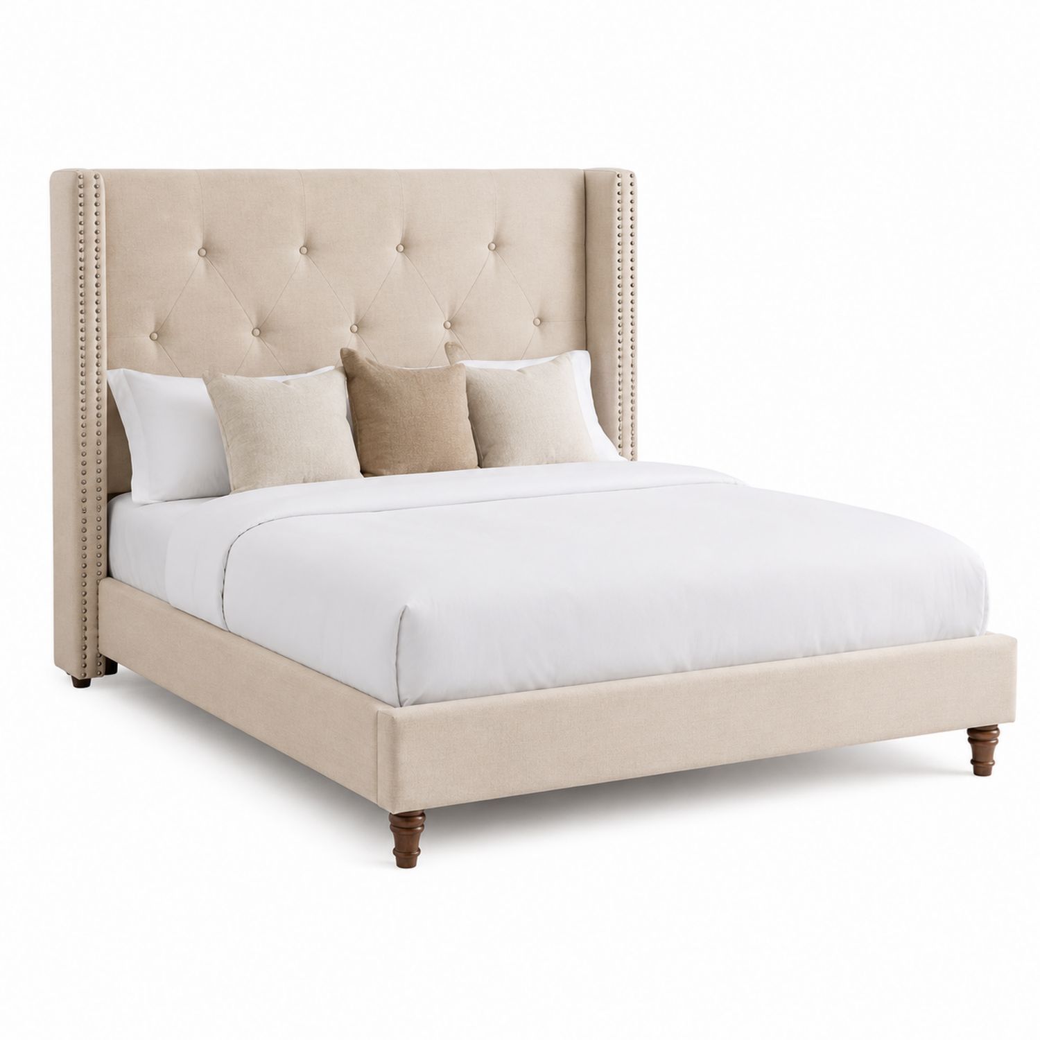 Cama doble de tela beige con cabecero
