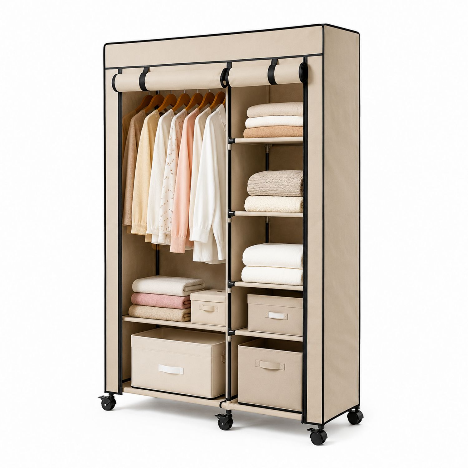 Armario con ruedas y funda de tela beige 175x110x45 cm
