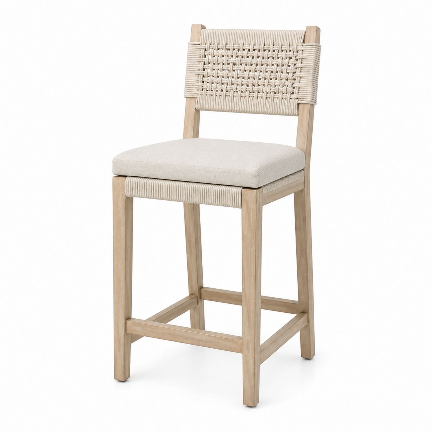 Taburete de madera con respaldo tejido y asiento acolchado 75 cm Beige