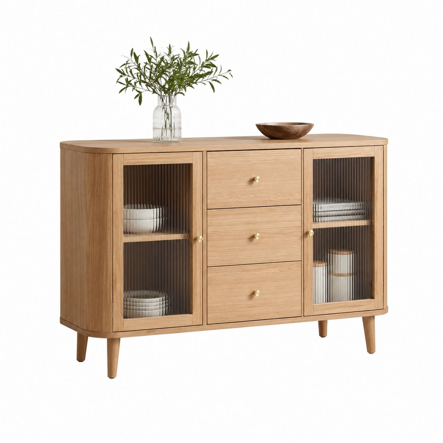 Aparador de Madera de Roble con Puertas de Vidrio Acanalado y 3 Cajones