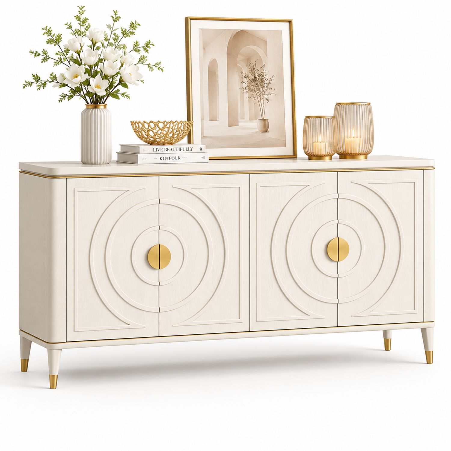 Aparador de madera lacado blanco con detalles dorados 160x40x85 cm