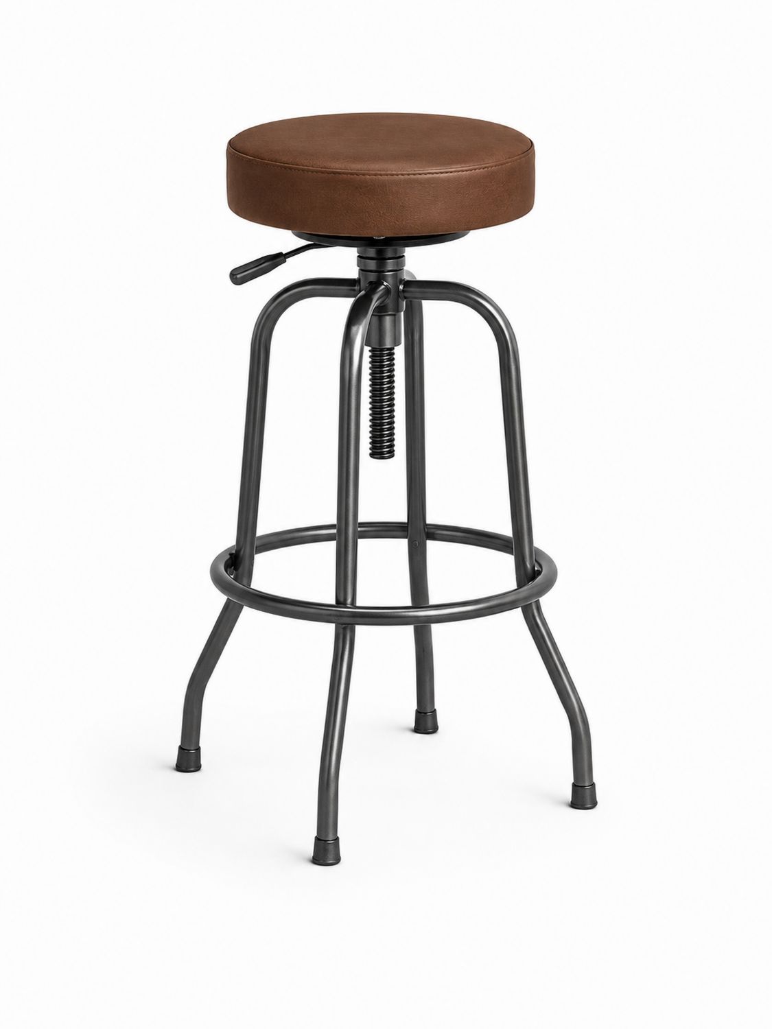 Taburete de bar ajustable de metal y cuero sintético marrón