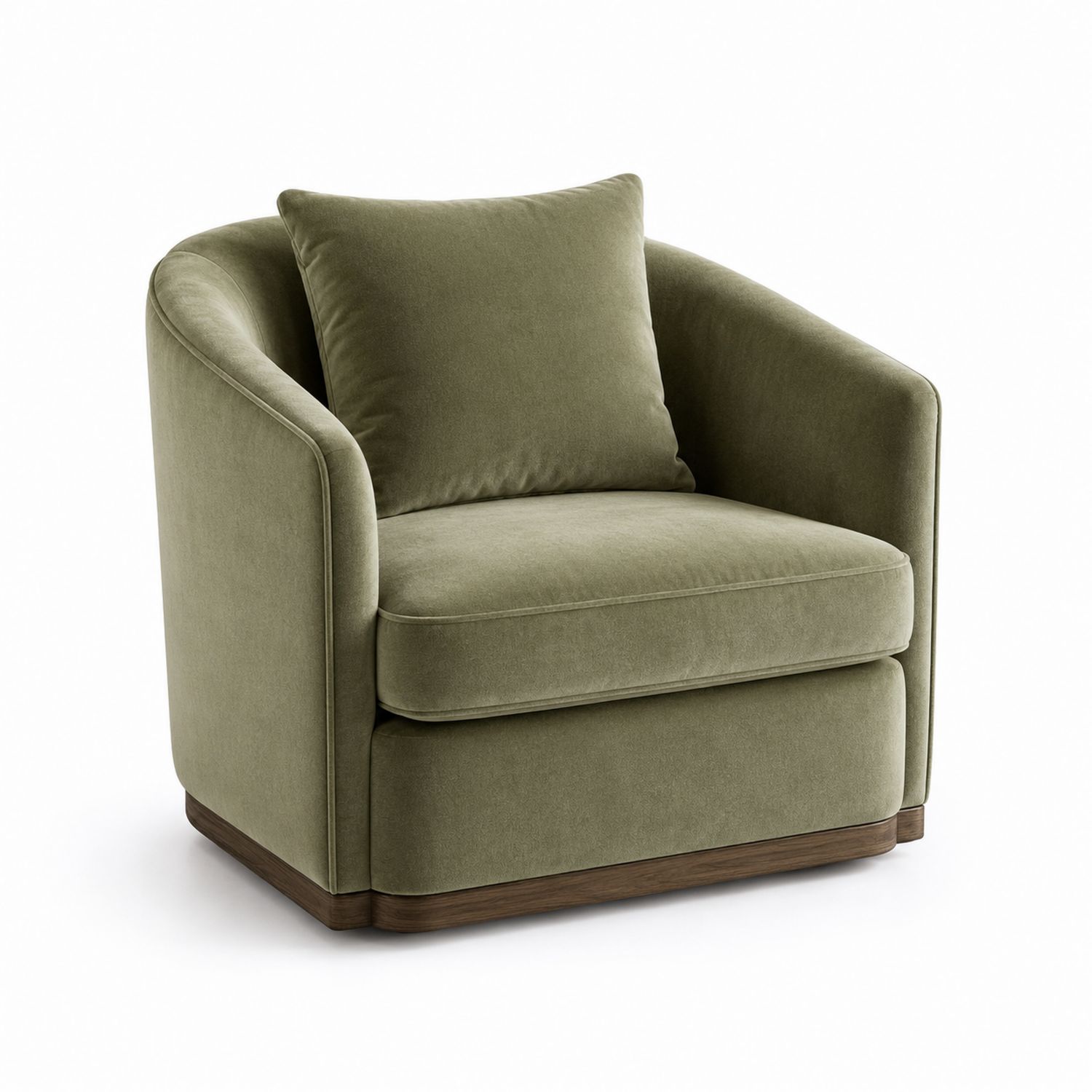 Sillón de terciopelo verde oliva con base de madera de nogal