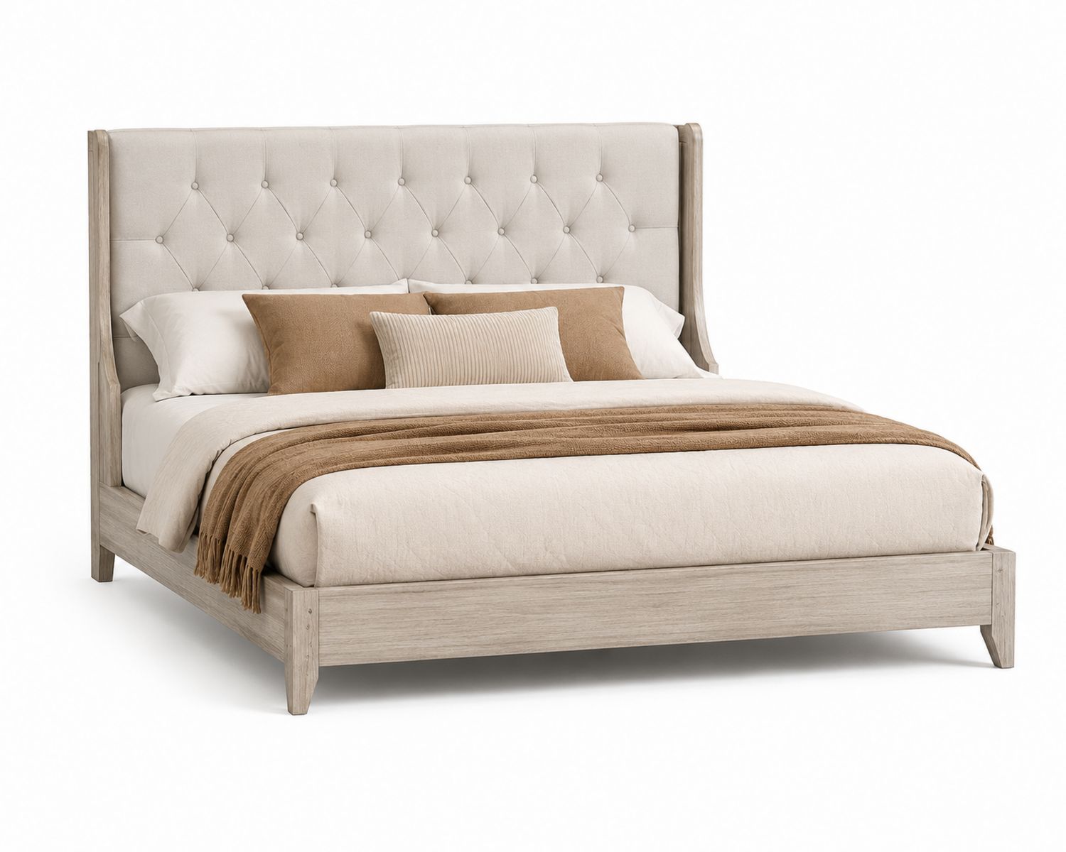 Cama de Madera con Cabecero de Tela Beige