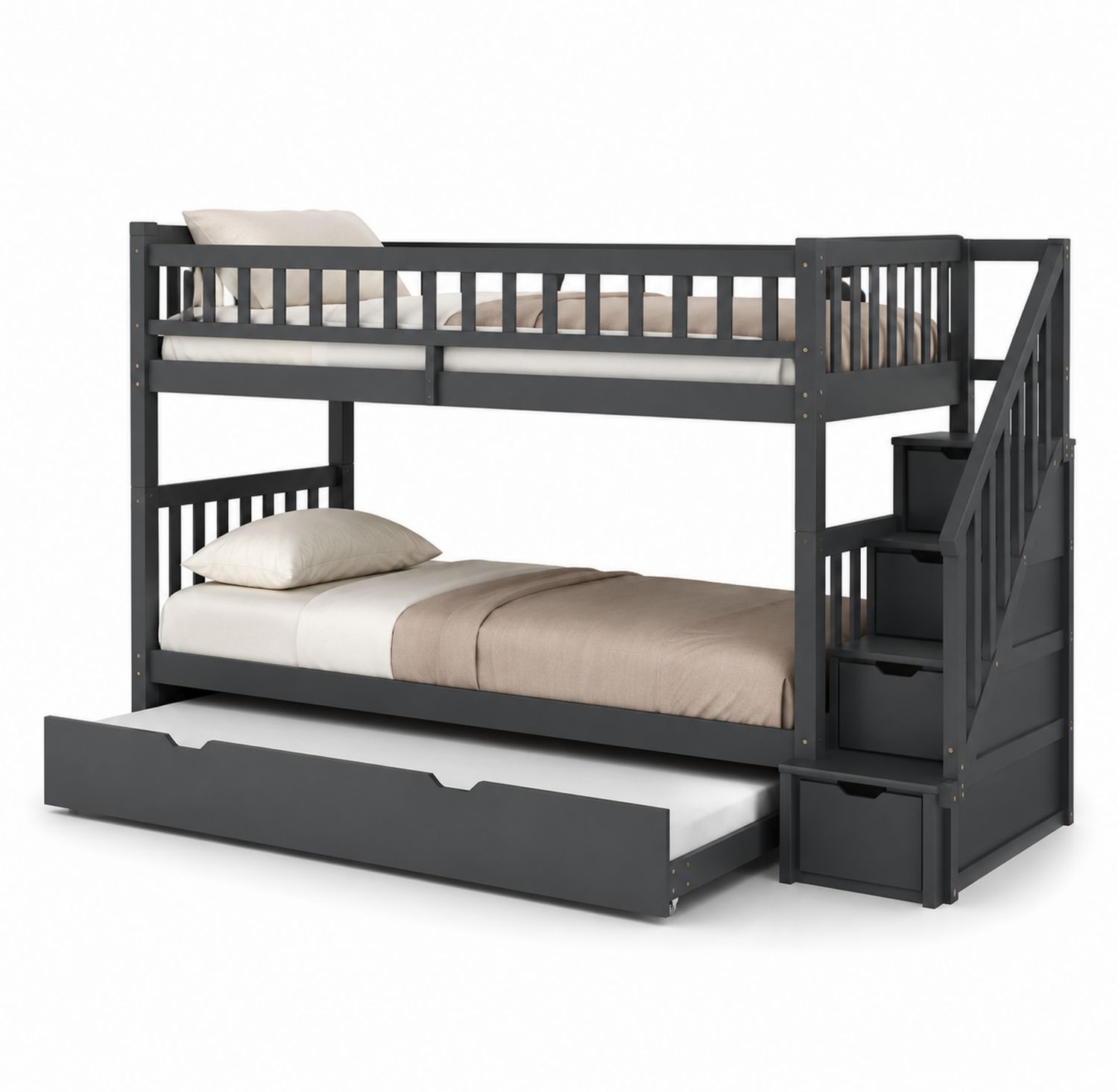 Litera de Madera de Pino con Escalera y Almacenamiento Gris