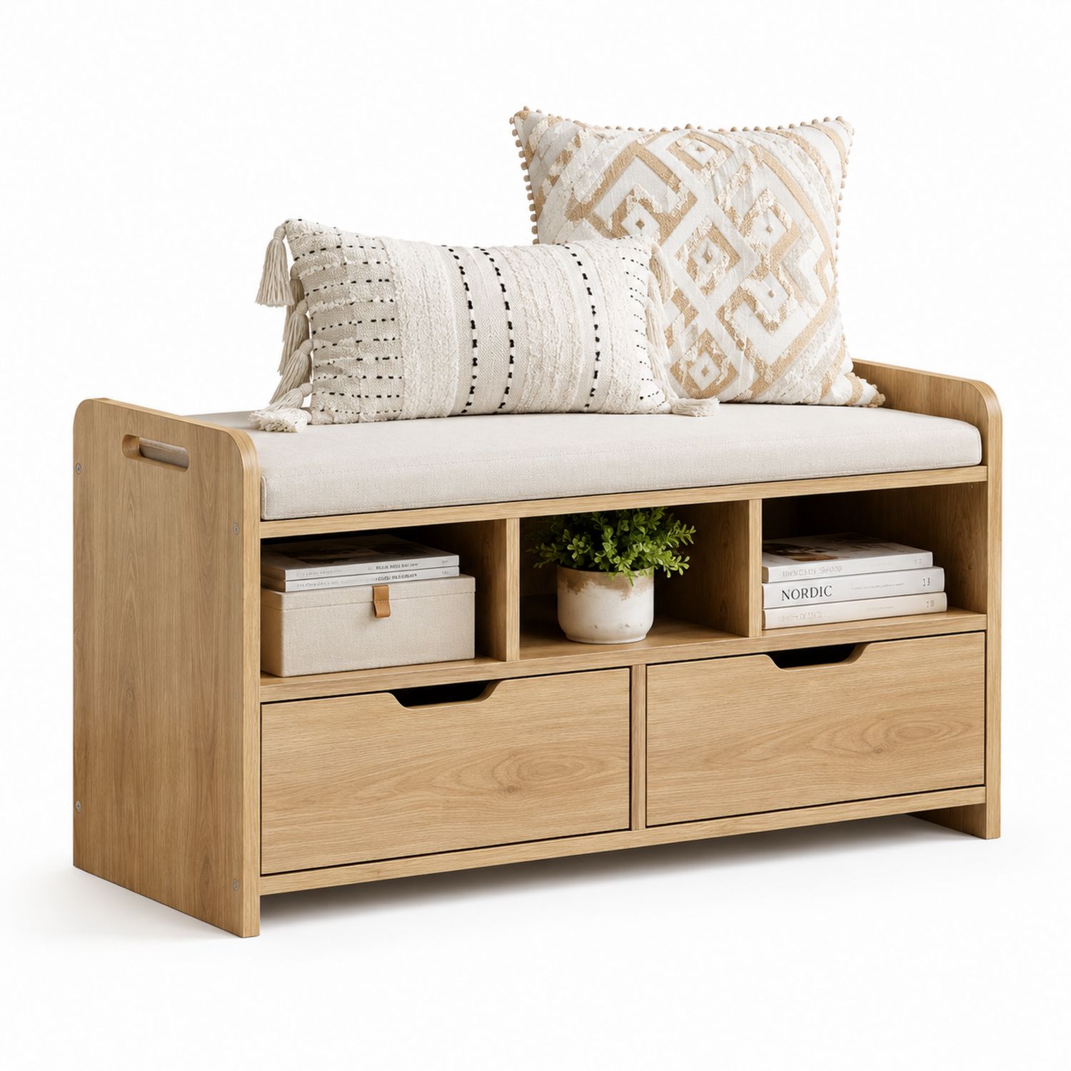 Banco de madera con almacenamiento y cojines, Roble/Beige