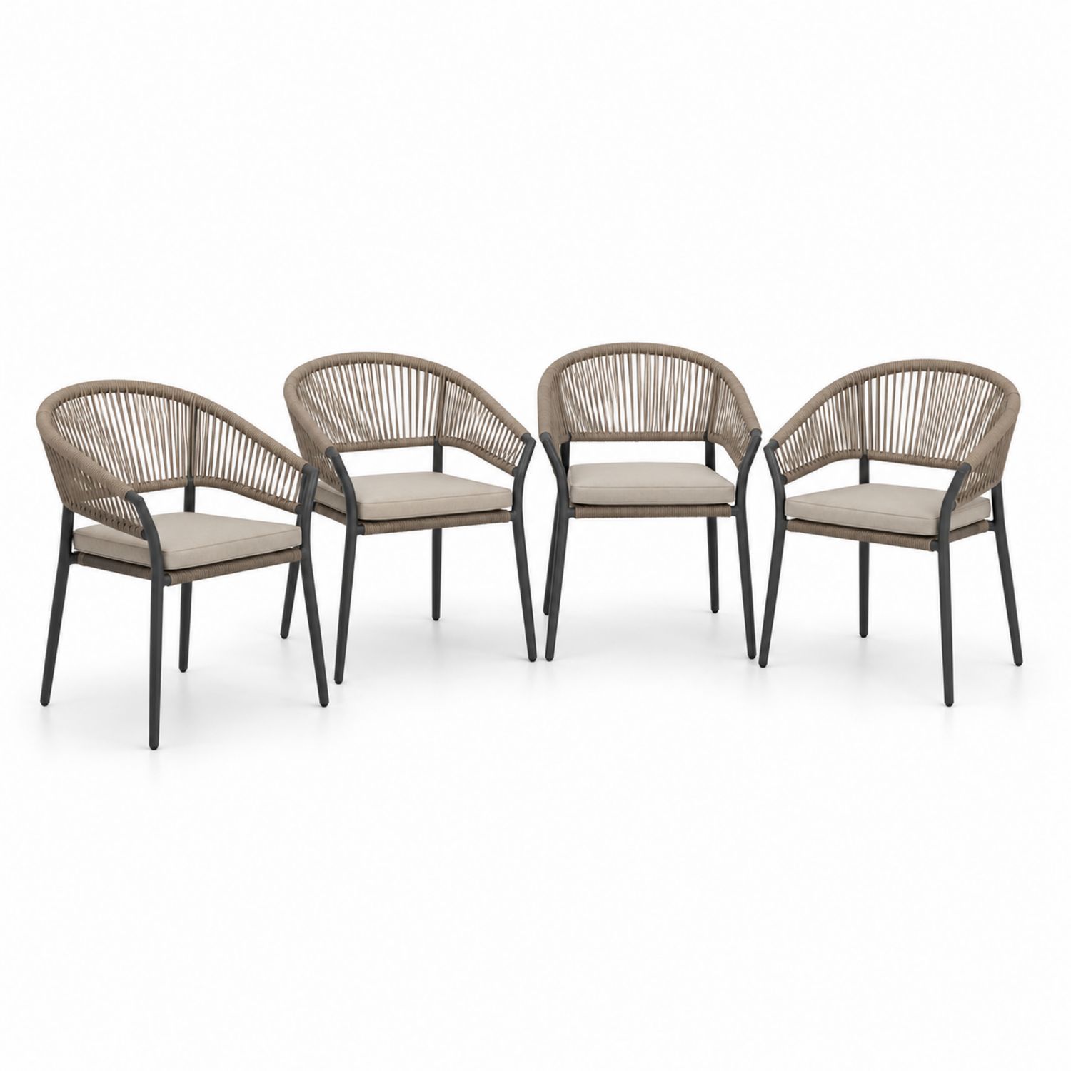 Conjunto de 4 sillas de aluminio y mimbre sintético con cojines beige