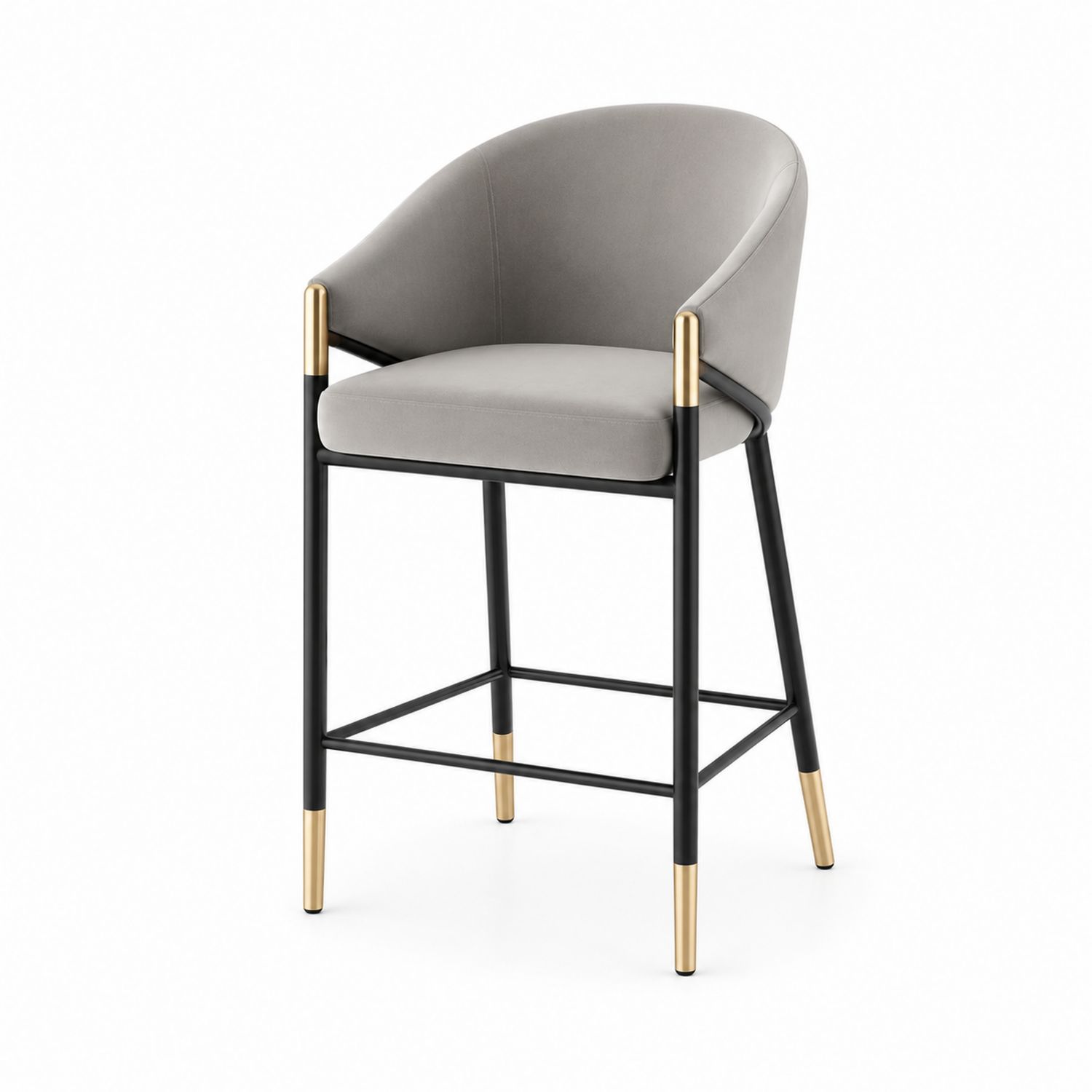 Taburete de Metal con Respaldo Curvo y Asiento de Terciopelo Gris
