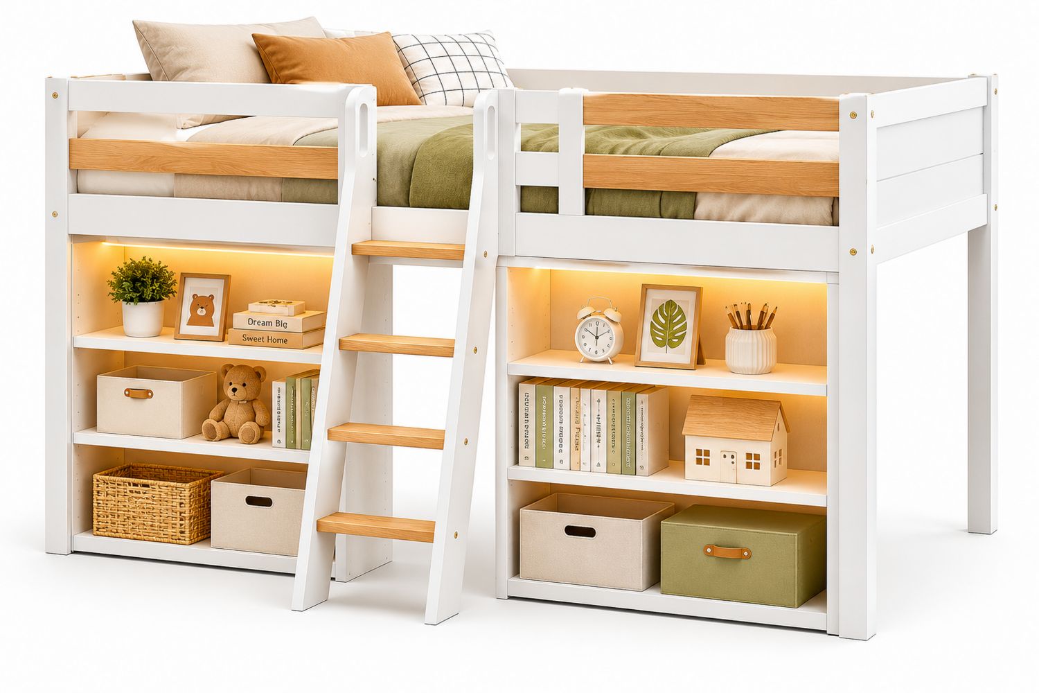 Cama Alta de Madera con Estantería y Escalera
